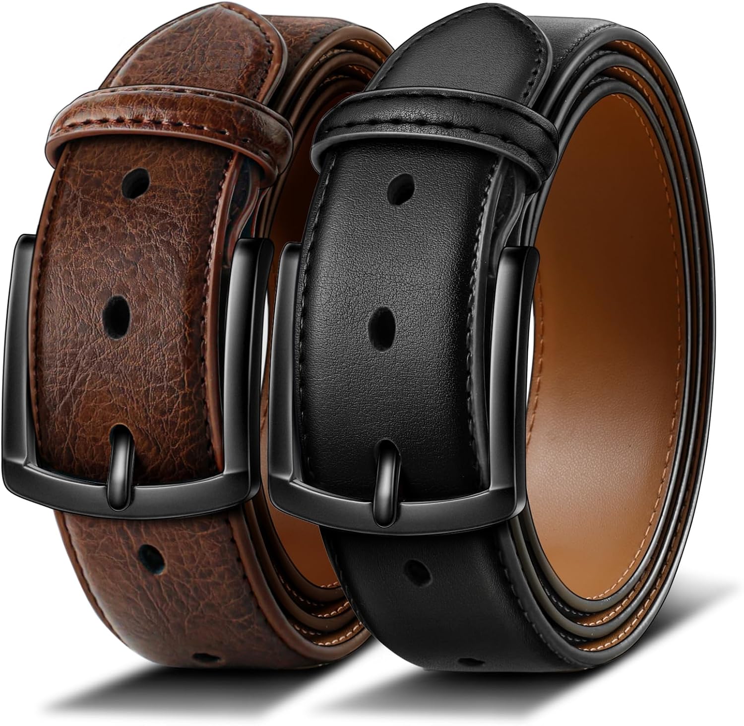 BULLIANT Men Belt 2Pack-Leather Belt 7Holes Comfortable For Men's Dress Casual Jeans 1 3/8"