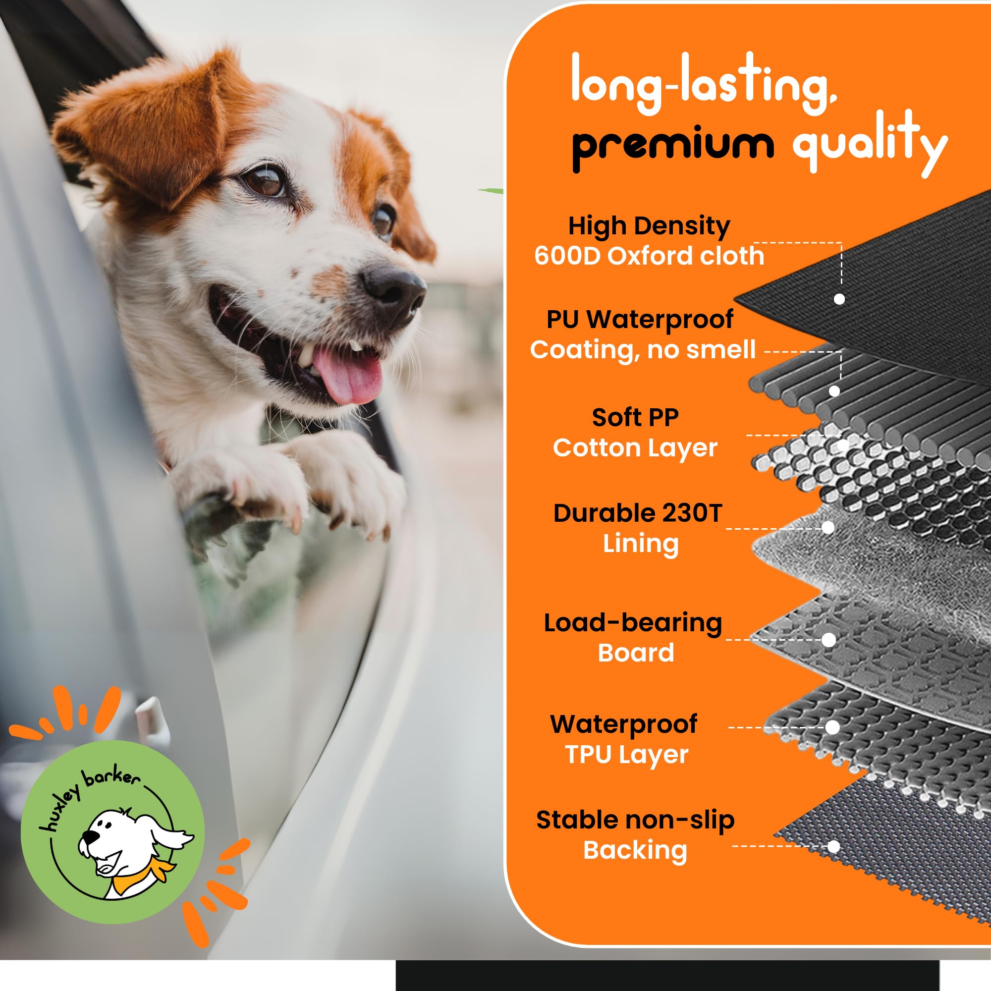 Huxley Barker Car Back Seat Extender for Dogs – 40% Extra Space, 600D Oxford Waterproof Dog Car Seat Cover with Hard-Bottom Bridge, Non-Slip Base, Mesh Window & Storage Pockets – Foldable Design - image 6