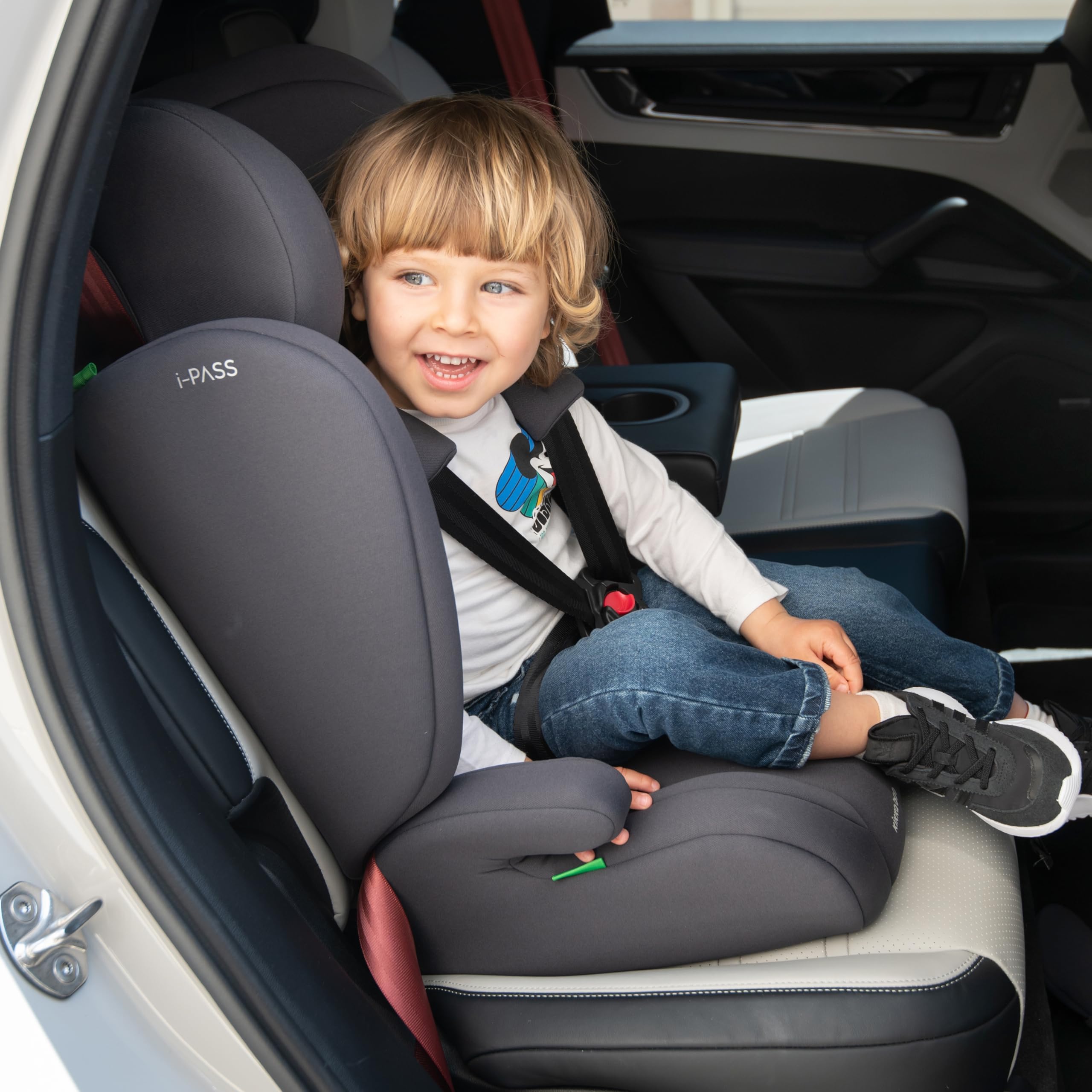 KikkaBoo i-PASS Seggiolino auto 9-36 kg senza ISOFIX, Gruppo 1 2 3 per bambini da 15 mesi a 12 anni, i-Size, altezza 76-150 cm, poggiatesta regolabile a 13 posizioni, Verde militare