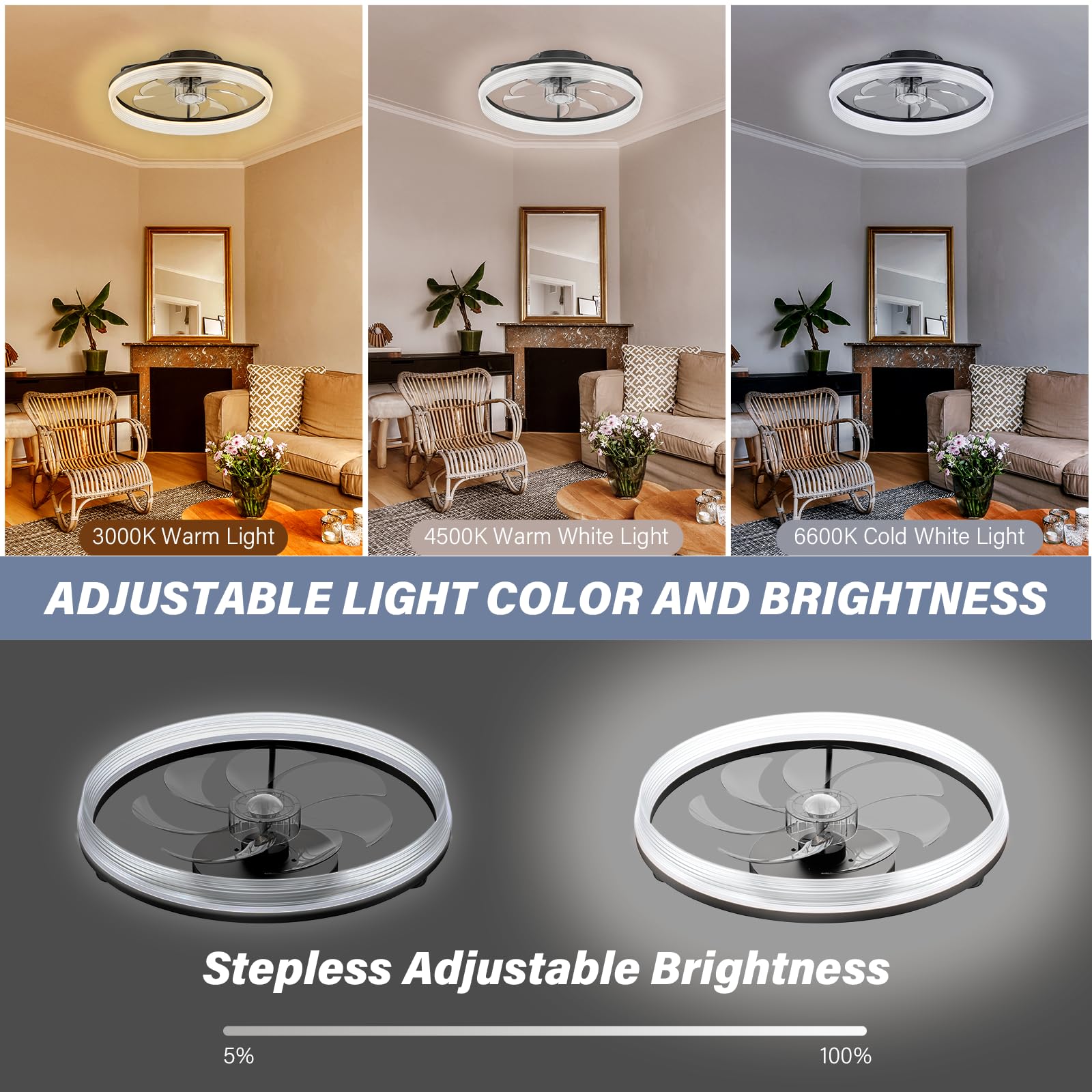 FIMEI Ventilatori da soffitto con luce 50 cm, Telecomando e APP, Ventilatore reversibile a 6 velocità e regolazione continua della luce, Ventilatore da soffitto silenzioso con lampade, timer