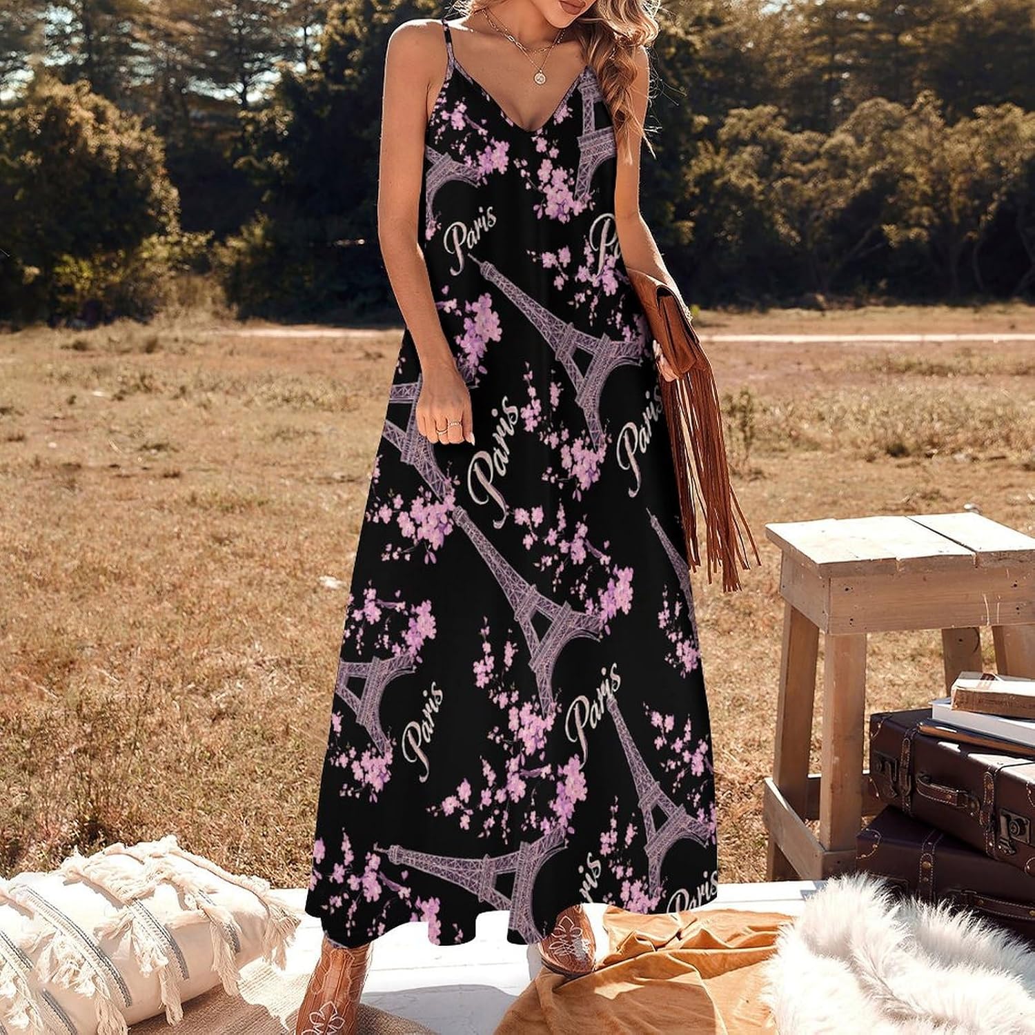 Paris Eiffel Tower Flower Maxi Dresses for Women V Neck Long Dress Sundress Spaghetti Straps Beach Dress