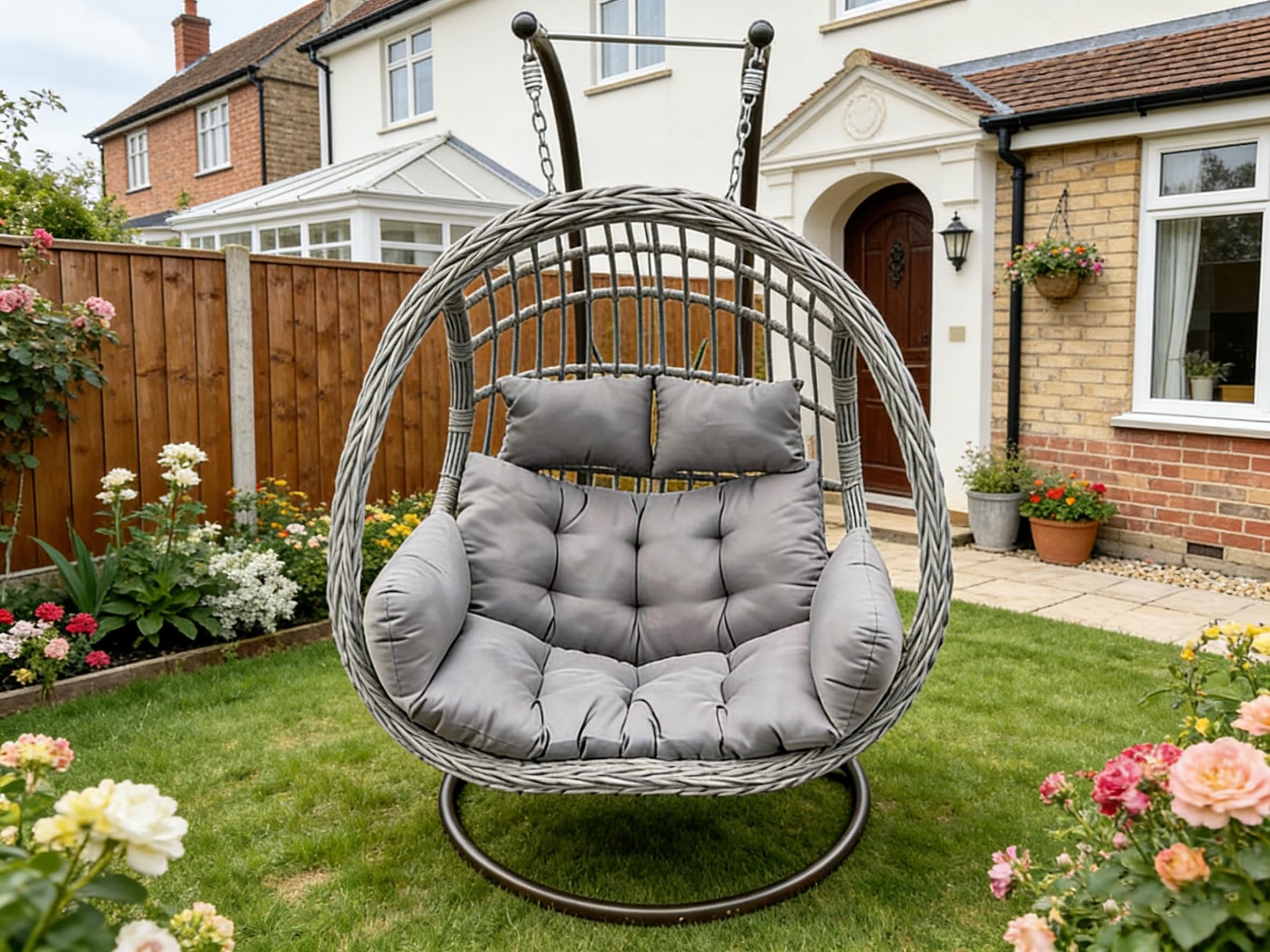 B&Q -  Indoor Outdoor Patio Rattan Two Seater Egg Hanging Chair Garden With Grey Thick Cushion