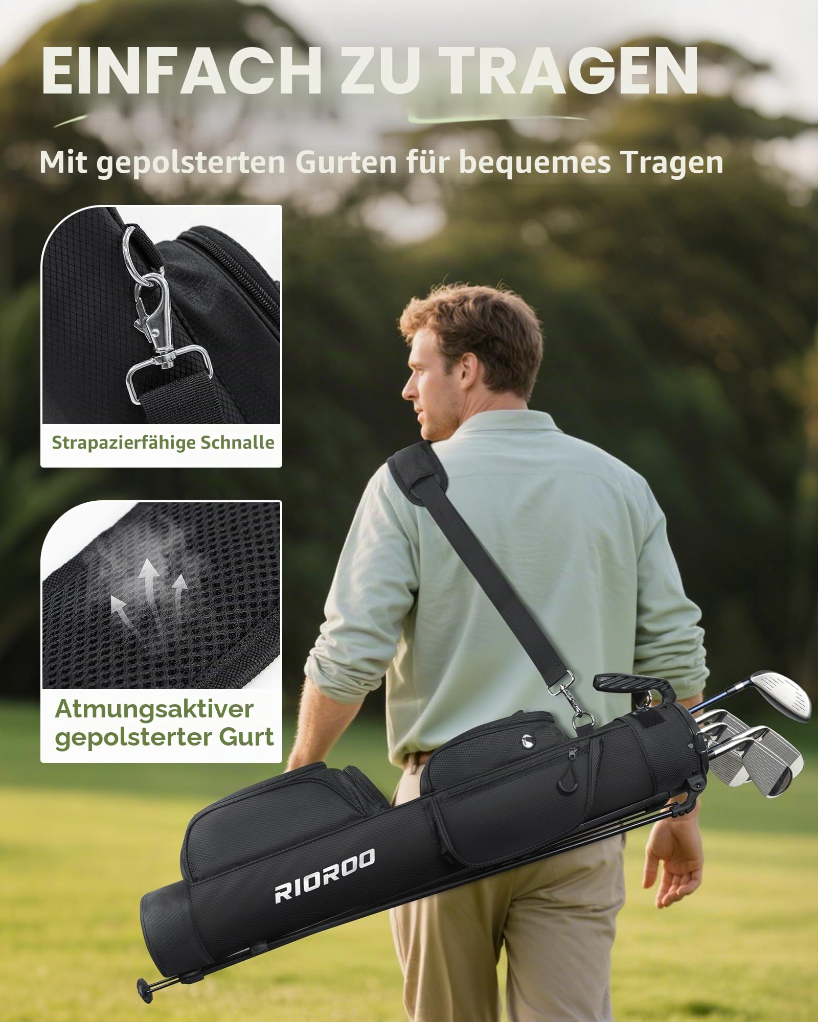 Golf Stand Bag Leicht, Golftasche für Bis zu 9 Schläger mit DREI Wege Trennwänden, Wasserdicht, Inkl Kühlbeutel, Ergonomischer Schultergurt Großes Staufach Unisex für Herren Damen
