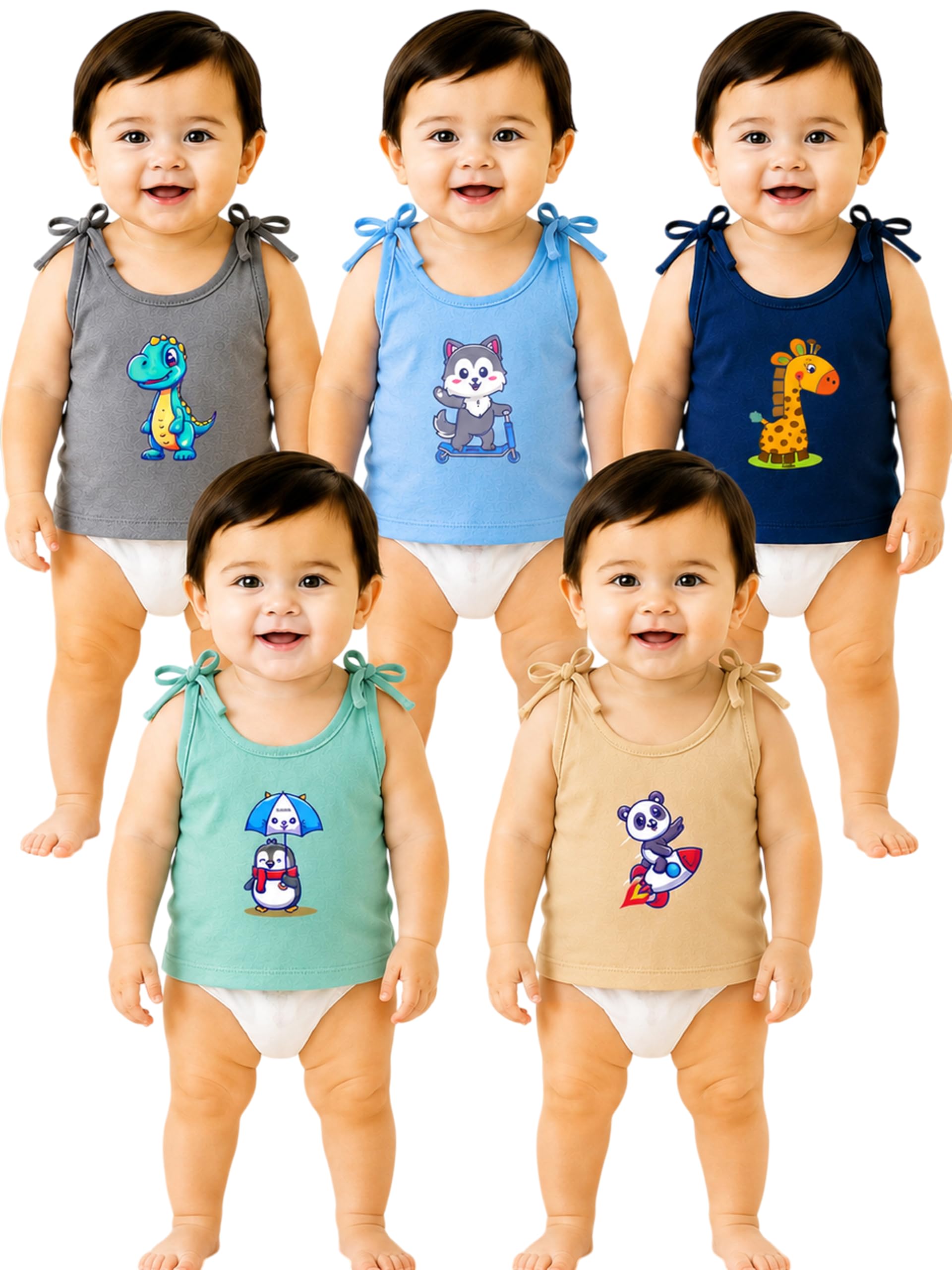kidbee Baby Cotton Hosiery Sleeveless Tie-Up Tank Tops & Jabla Pack of 5 | Soft Baby Vests for Newborn Boys & Girls-picture-52