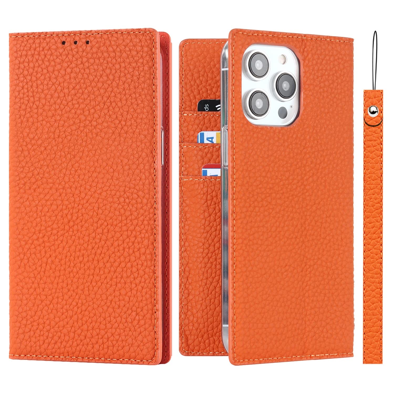 iCoverCase Custodia a portafoglio per iPhone 15 Pro, in vera pelle, con blocco RFID, chiusura magnetica, con cinturino da polso e scomparti per carte di credito, funzione cavalletto, custodia a libro
