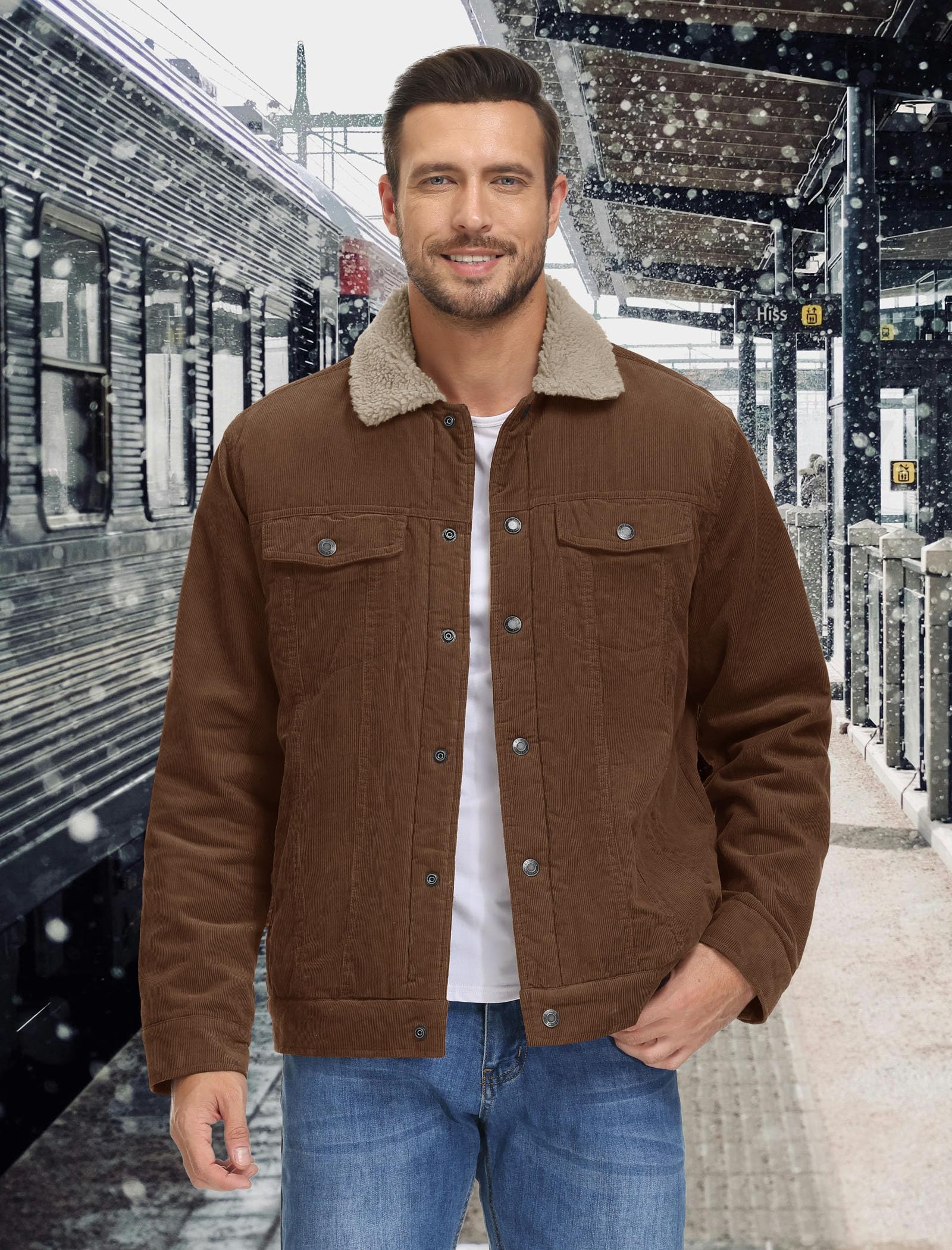 EKLENTSON Herren Warme Cordjacke Outdoor Winddicht Winterjacke | Corduroy, Winter, Regular Fit, Reverskragen, Gefütterte, Thermo, Warme, Weich, Winddicht, Hautfreundlich, Casual, Outdoor