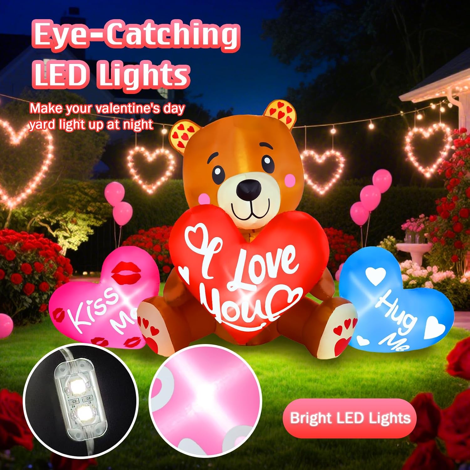 10FT Valentine Inflatables Outdoor Decorations Large Teddy Bear with Hearts Valentines Day Blow Up Inflatable with Led Lights Yard Lawn Wedding Proposal Anniversary Party Home Romantic