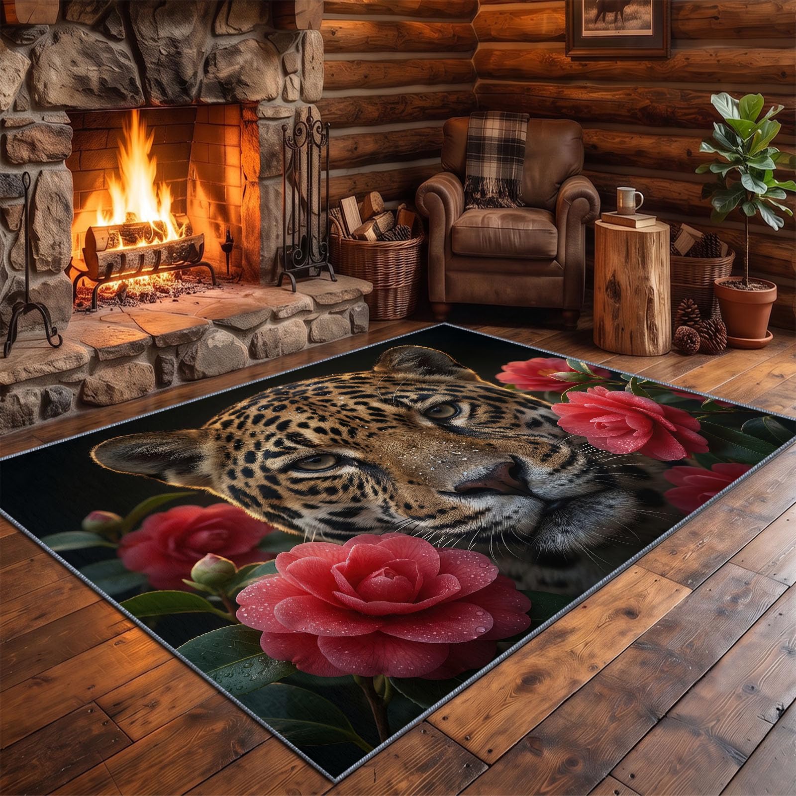 Générique Peinture À l'huile Réaliste Tapis de Salon Lavable en Machine 80 x 150 cm, Tapise antidérapant, Tapis de Chambre Style Guépard Roses Rouges Fleurs Fraîches pour Le Salon, l'entrée, Noir