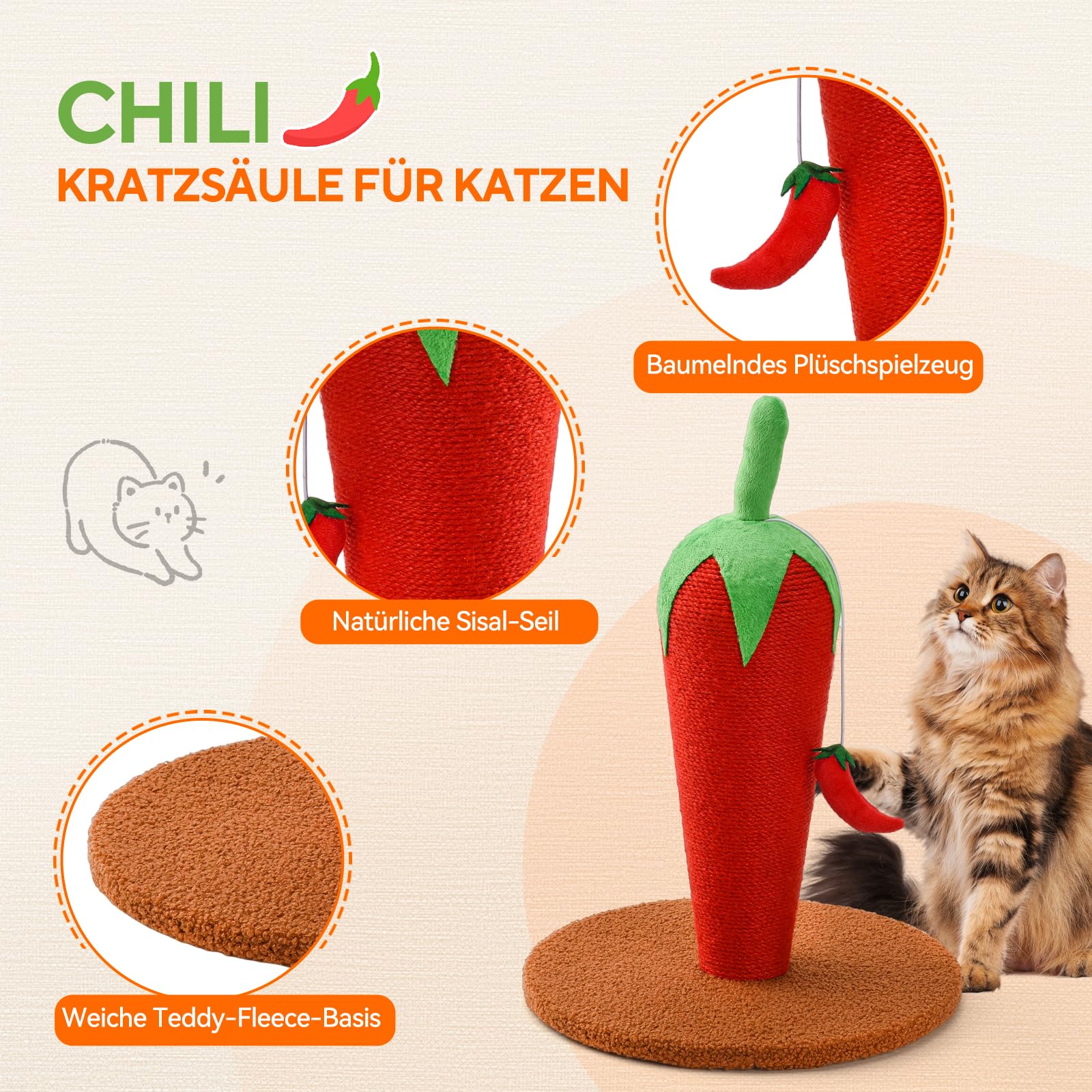 LIFLIX Kratzsäule für Katzen, 43cm Chili Kratzbaum Klein, Natursisal Kratzstamm für Indoor Katzen