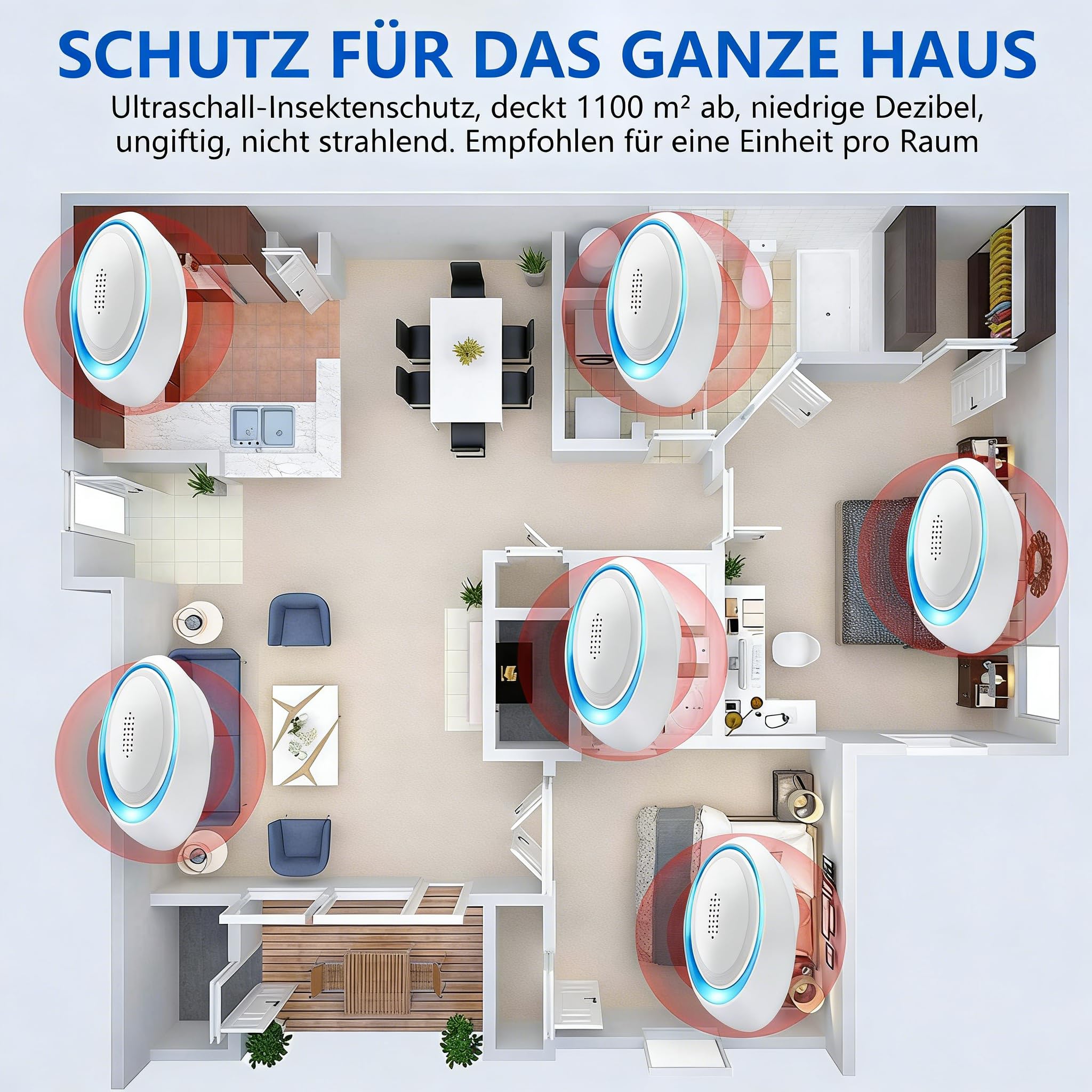 Ultraschall Mäuseabwehr 6er Pack, Schädlingsabwehr gegen Mäuse, Ratten, Mücken, Ameisen, Spinnen und Kakerlaken, Ultraschall Schädlingsvertreiber für Haus, Keller, Garage, Chemiefrei