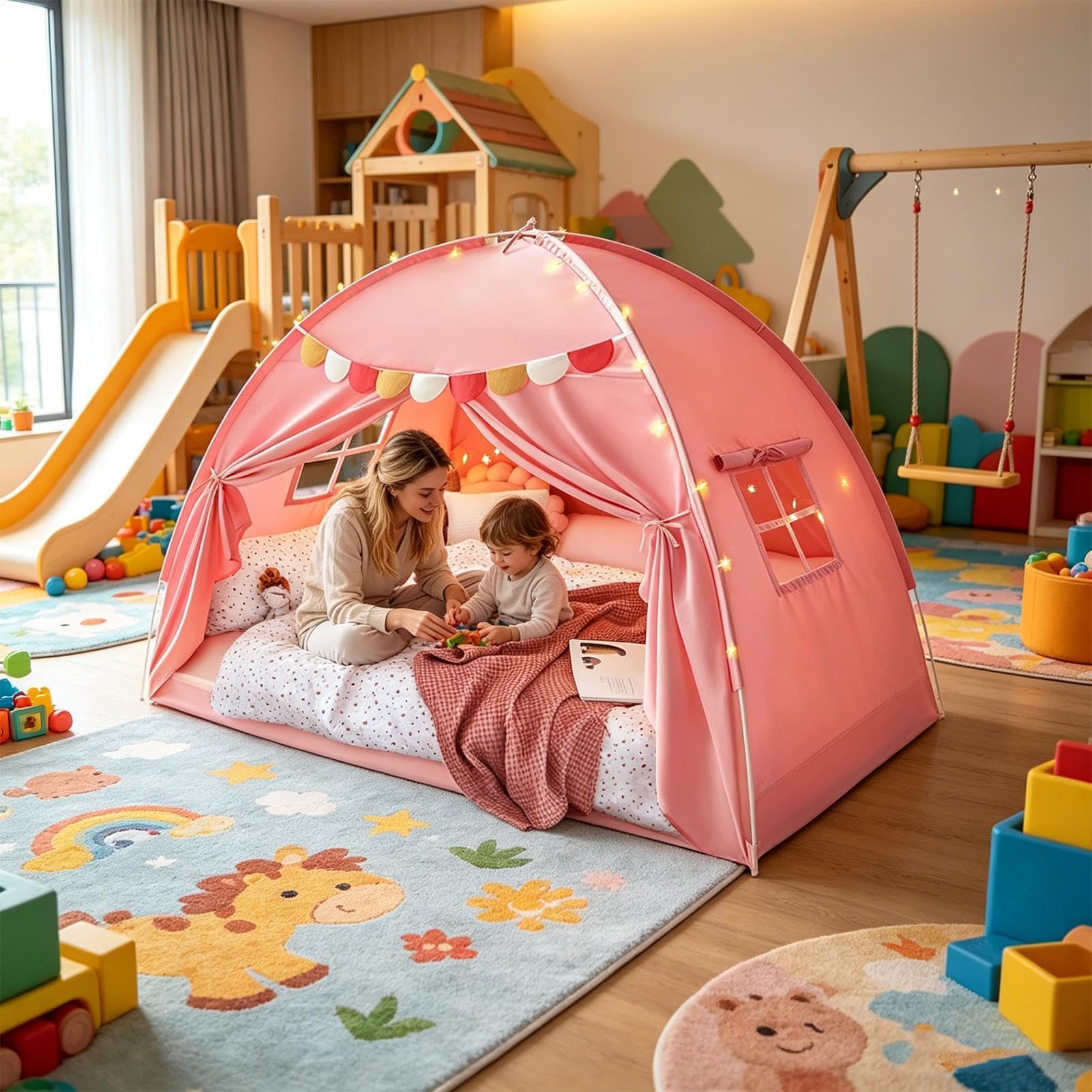 Tenda Bambini Con Baldacchino Spazio Privato Portatile Oscurante | Tenda per materasso singolo per il Soggiorno la Cameretta dei Bimbi il Giardino il Campeggio la Lettura il