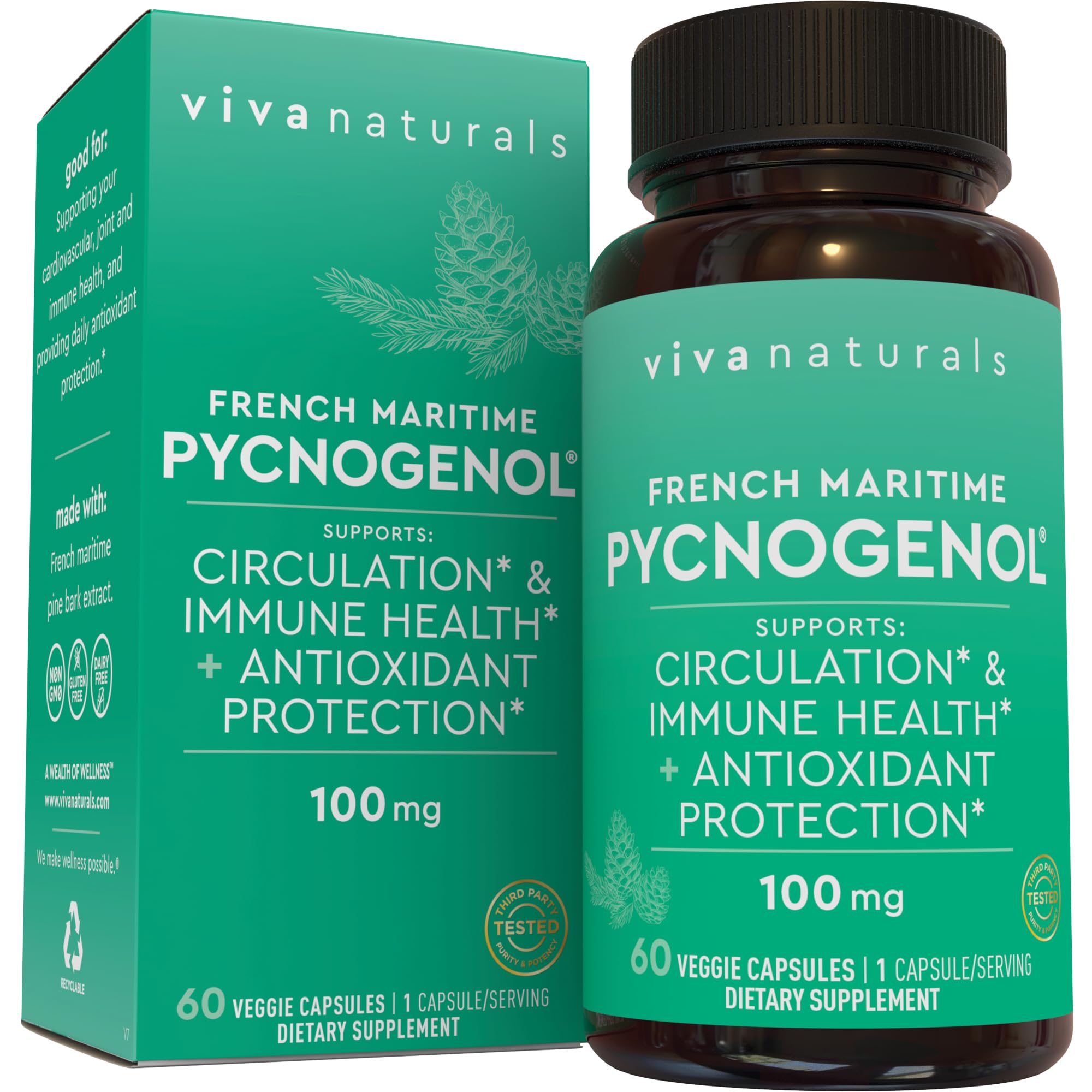 Pycnogenol - 100mg French Maritime Pine Bark Extract – Supports Circulation, Antioxidant-Like Activity, Joints & Immune Health and Function – 60 Veggie Capsules