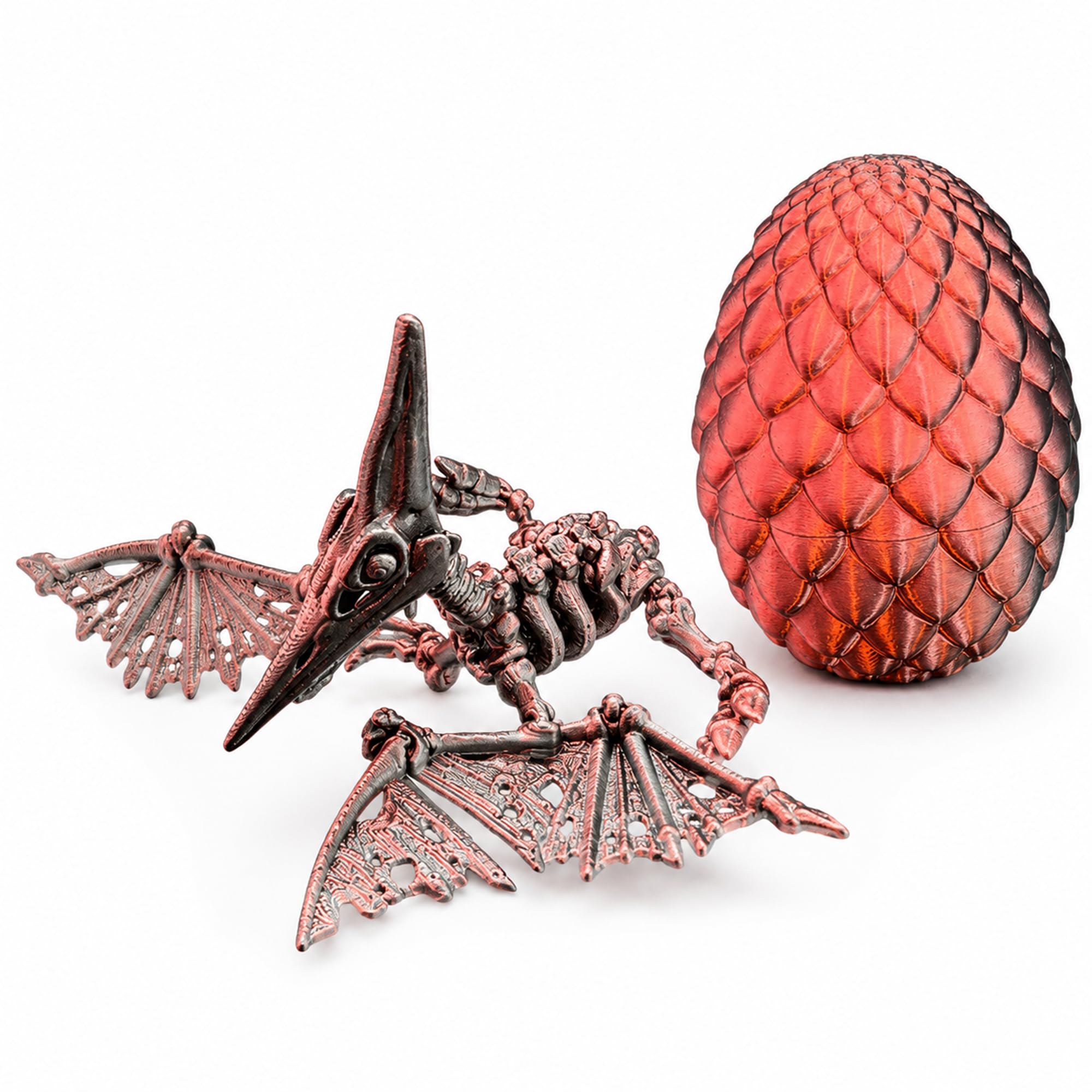 3D Printed Pterodactyl Skeleton Figure – Articulated Flying Dinosaur Toy with Movable Wings – Poseable Pterosaur Model with Dragon Egg, Prehistoric Reptile Collectible for Kids & Adults - Black Red