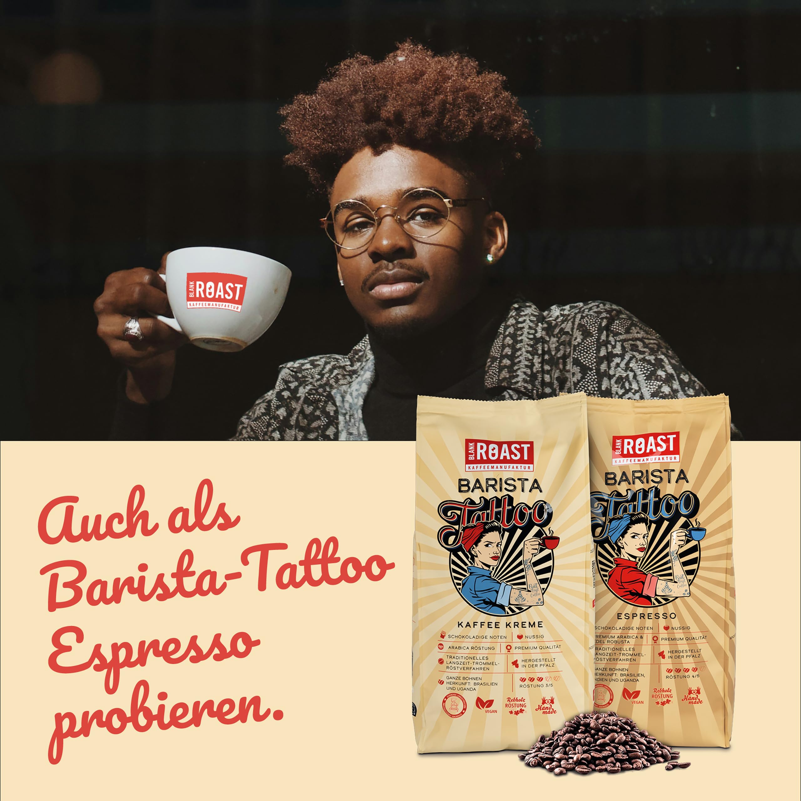 BLANK ROAST - Barista Tattoo Kaffee Kreme - 1kg (9er Pack) - im Trommel-Röstverfahren geröstet - Bohnen aus den besten Anbaugebieten - Premium Arabica - kräftig, schokoladig & nussig - säurearm