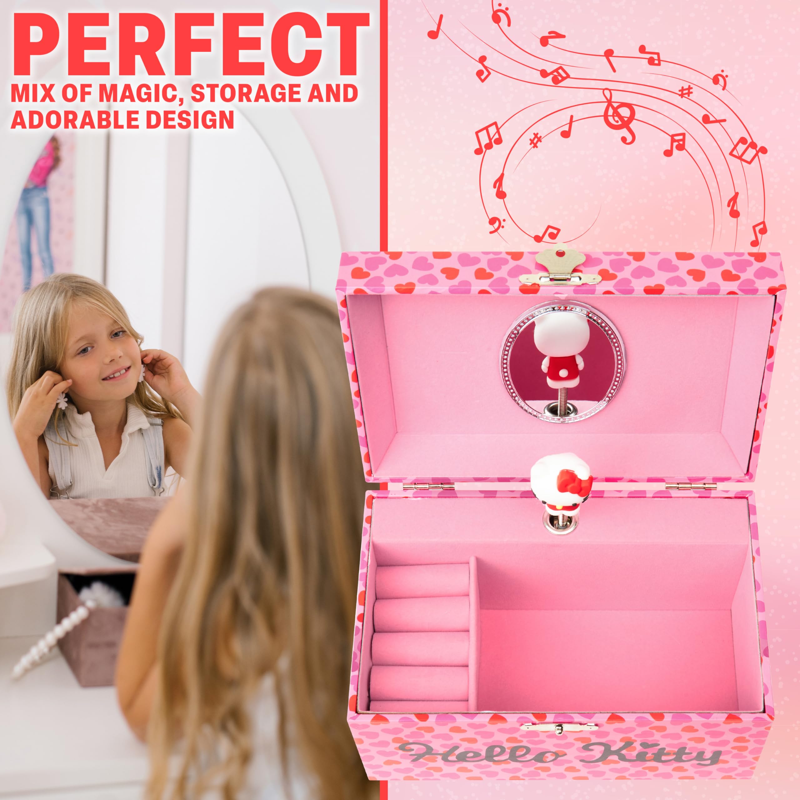 Hello Kitty Sanrio Musical Jewellery Box Girls Gift Ideas Tweens Kawaii Bedroom Decor Kuromi Wind Up Music Box Mirror Storage Drawers Anime Gifts for Her (Pink - Image 2