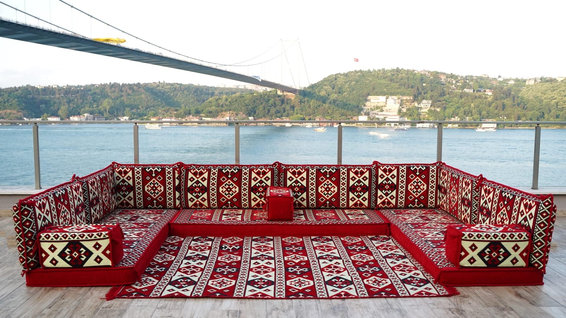 U Shaped Maroon Arabic Sofa Set, Arabic Majlis Set, Floor Cushions, Traditional Design Arabic Lounge Set, Turkish Floor Seating Set, Sectional Sofas (U Sofa + Rug)