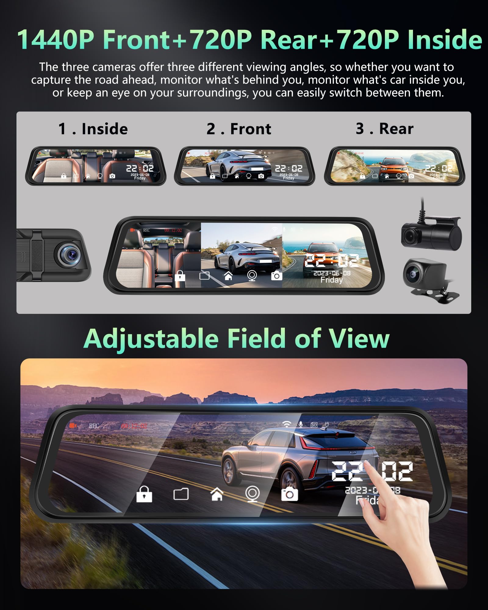 Podofo 9.66'' Specchietto Retrovisore 1440P Auto Dash Cam Con 3 Lens Dash-Cam Visione Notturna Grandangolare a 150°, Registrazione in Loop, Sensore G, WDR + Telecamera per Retromarcia AHD