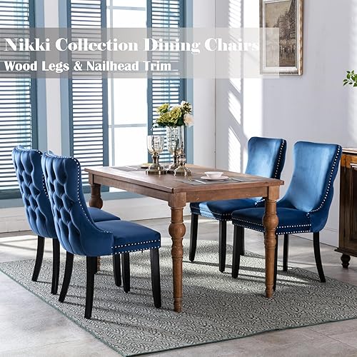 Miniatura 56 de Juego de 4 sillas de comedor de terciopelo negro, sillas de comedor tapizadas con respaldo copetudo con patas de madera maciza, sillas de comedor