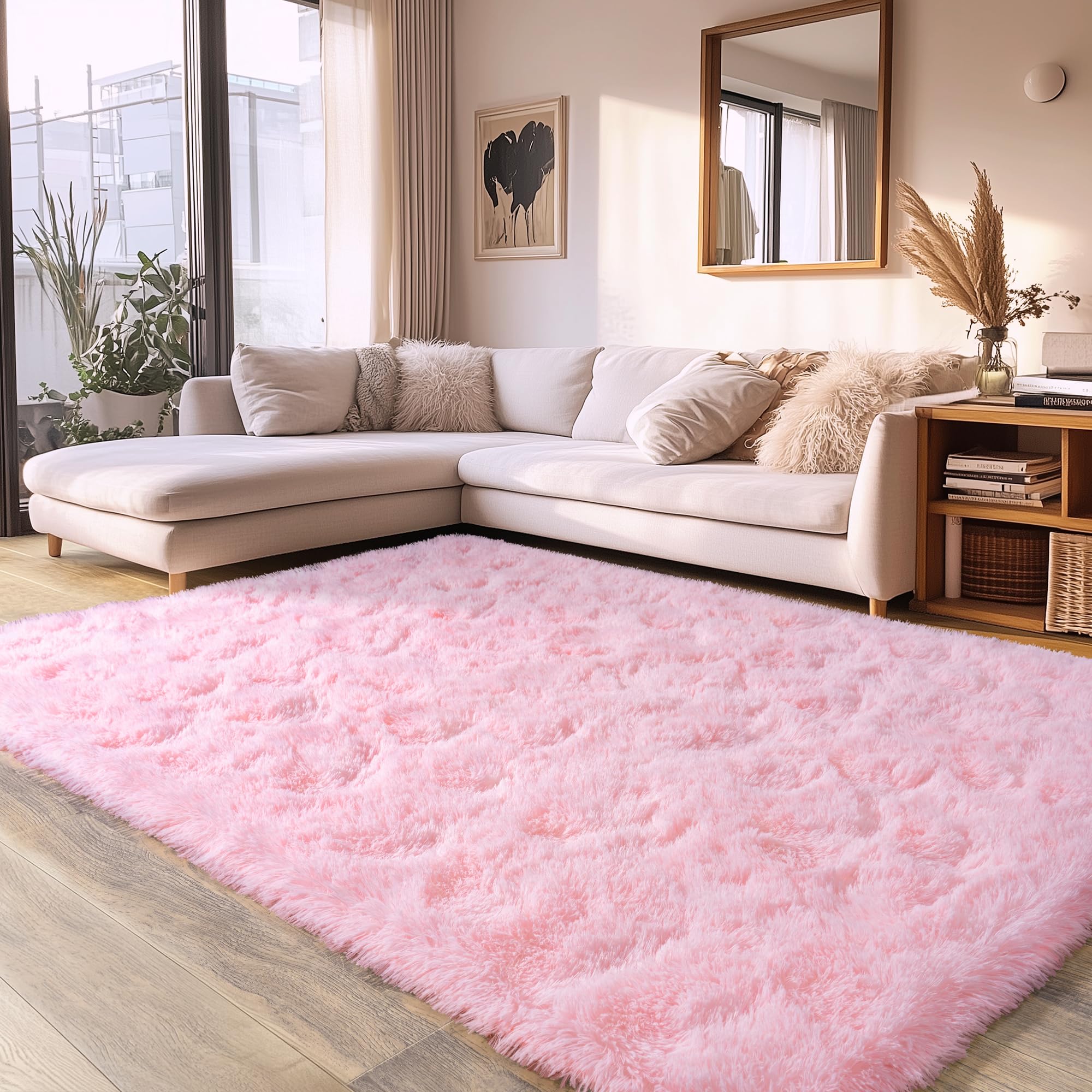 Pink Fluffy Rug for Bedroom 6x9 ft - Ultra Soft & Non Slip Shaggy Area Rug, Comfy Durable Carpet for Living Room Kids Room Teens Dorm Home Decor, 1.7'' Thick Indoor Plush Carpets