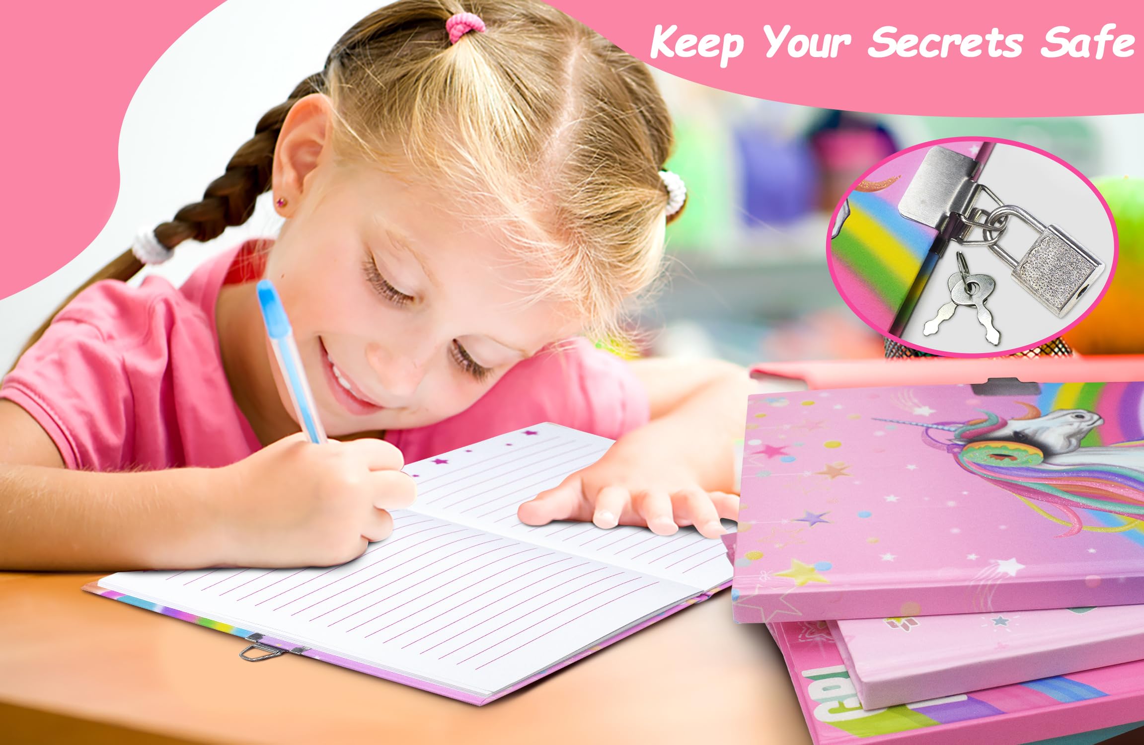 Unicorno Diario Segreto Bambina con lucchetto, 17,8x13,5cm 80 Fogli a Righe Taccuino Appunti Bambino Diario con Lucchetto Ragazza Quaderno Appunti Bambini per Compleanno Regalo Bambina 6-10 Anni