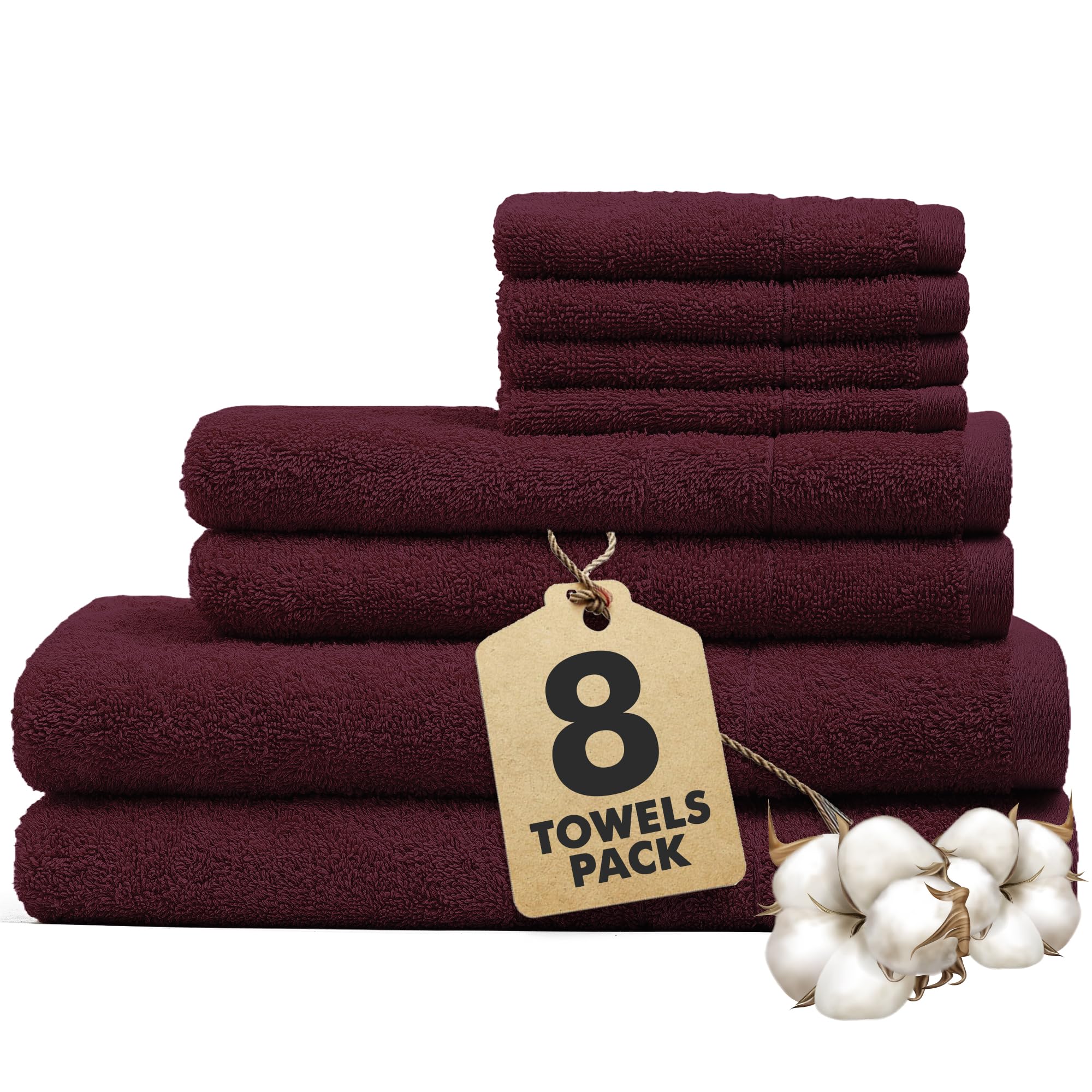 Novo Home Burgundy Bath Towels Set Of 8 – 550 Gsm 100% Cotton Towel Set Bale Includes 2 Bath, 2 Hand, 4 Face Towels – Soft, Absorbent & Quick Dry Towel For Bathroom, Spa, Kitchen, Hotel Use