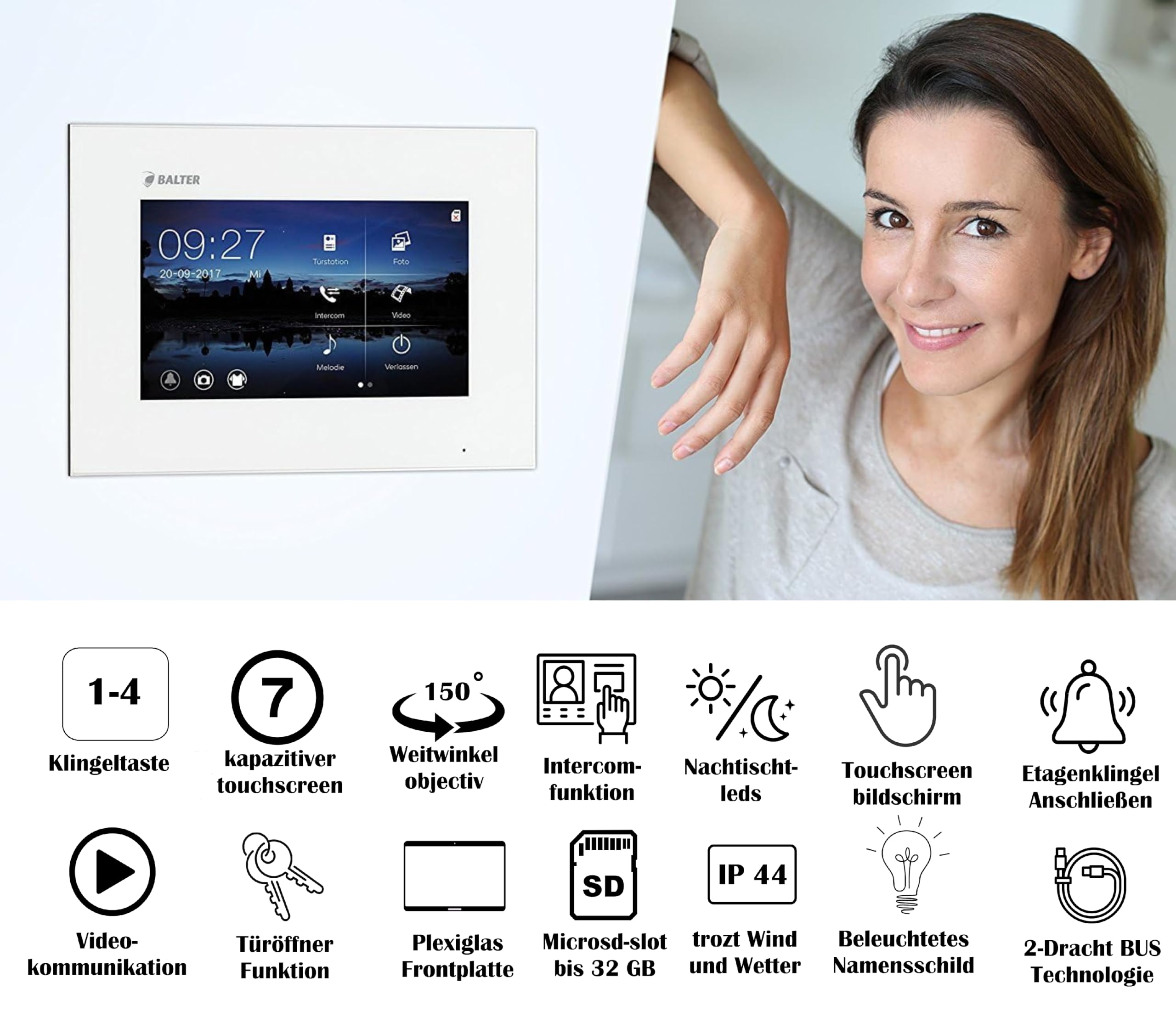 Balter by SCHUTZER Video Gegensprechanlage EVO 2-Draht Bus für Einfamilienhaus mit 2 x Touchscreen 7" Schwarz