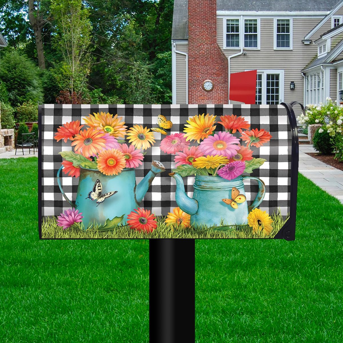 Briarwood Lane Gerber Daisy Watering Can Spring Mailbox Cover Checkered Standard