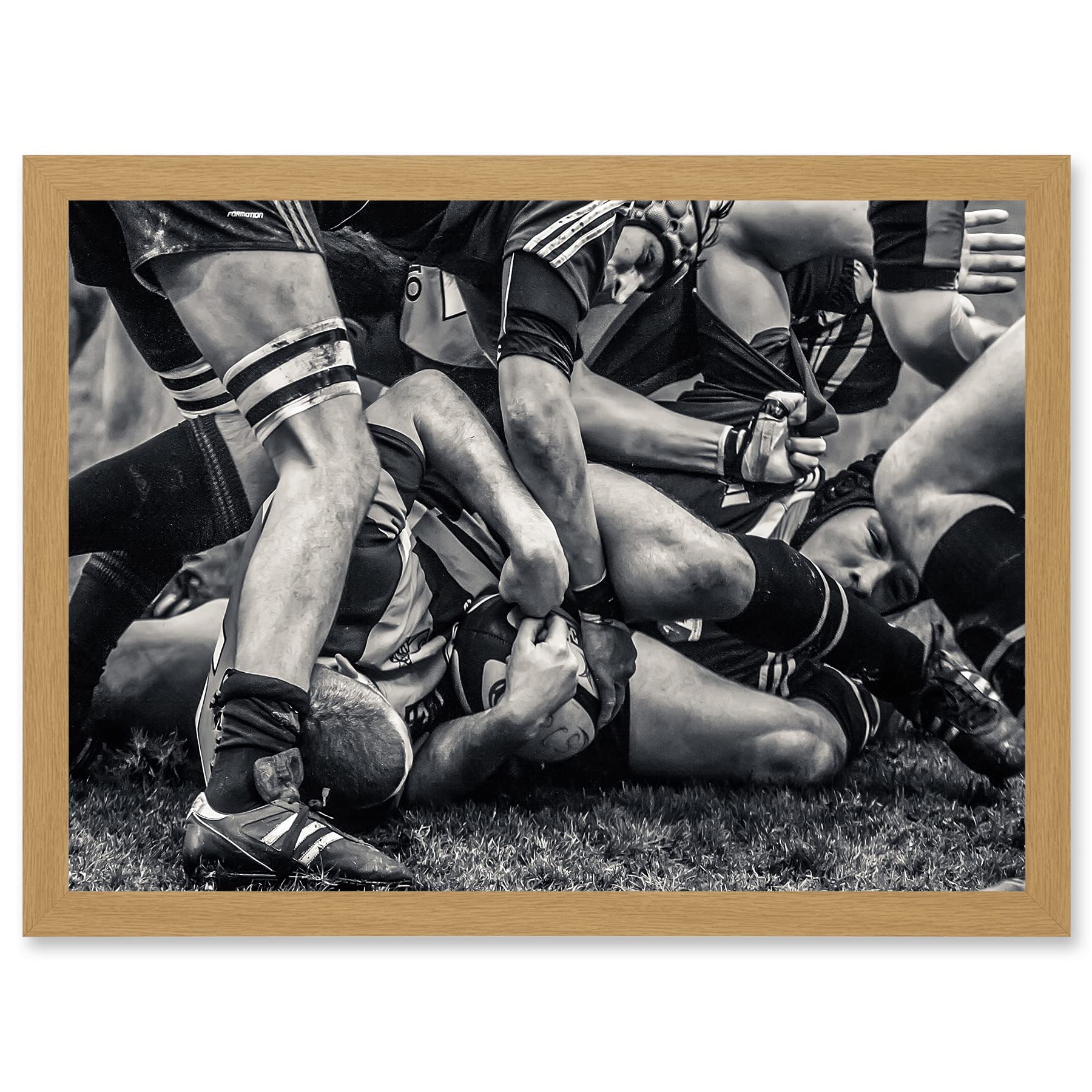 Artery8 B&W Rugby Match Close Up Scrum Teams HDR A4 Artwork Framed Wall Art Print
