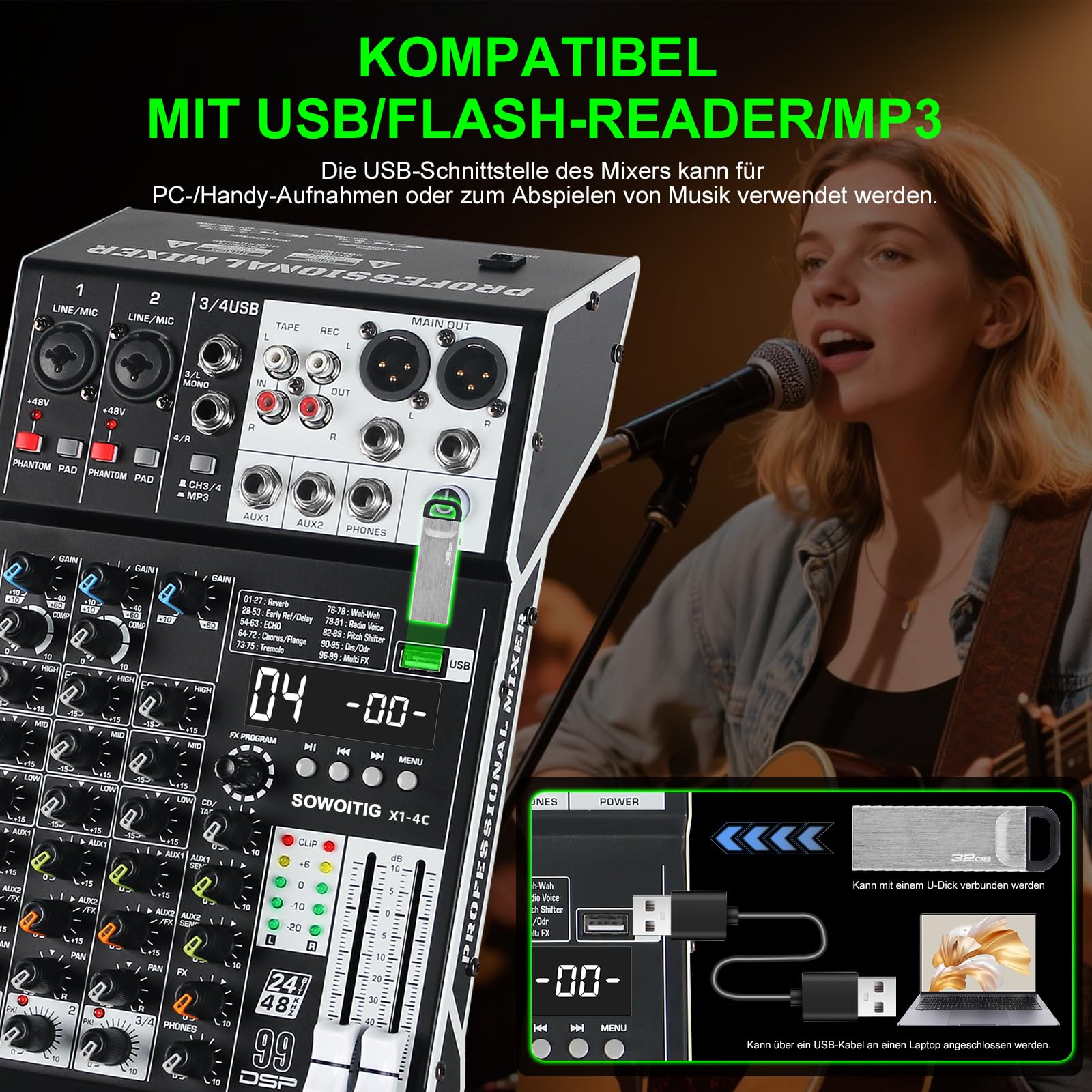 Mixer audio a 4 canali, mixer audio professionale con effetti 99DSP, mixer DJ compatto con USB, Bluetooth, alimentazione phantom 48 V e pulsante PAD per registrazione, karaoke, PA, batteria e musica