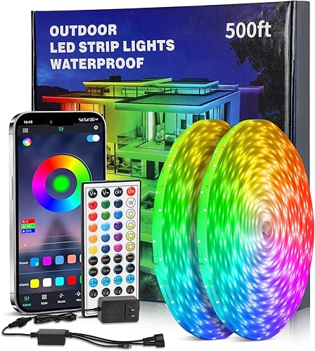 Tira de luces LED de 500 pies, tira de luces LED para exteriores, impermeables, luces permanentes al aire libre para casa, aplicación Bluetooth,