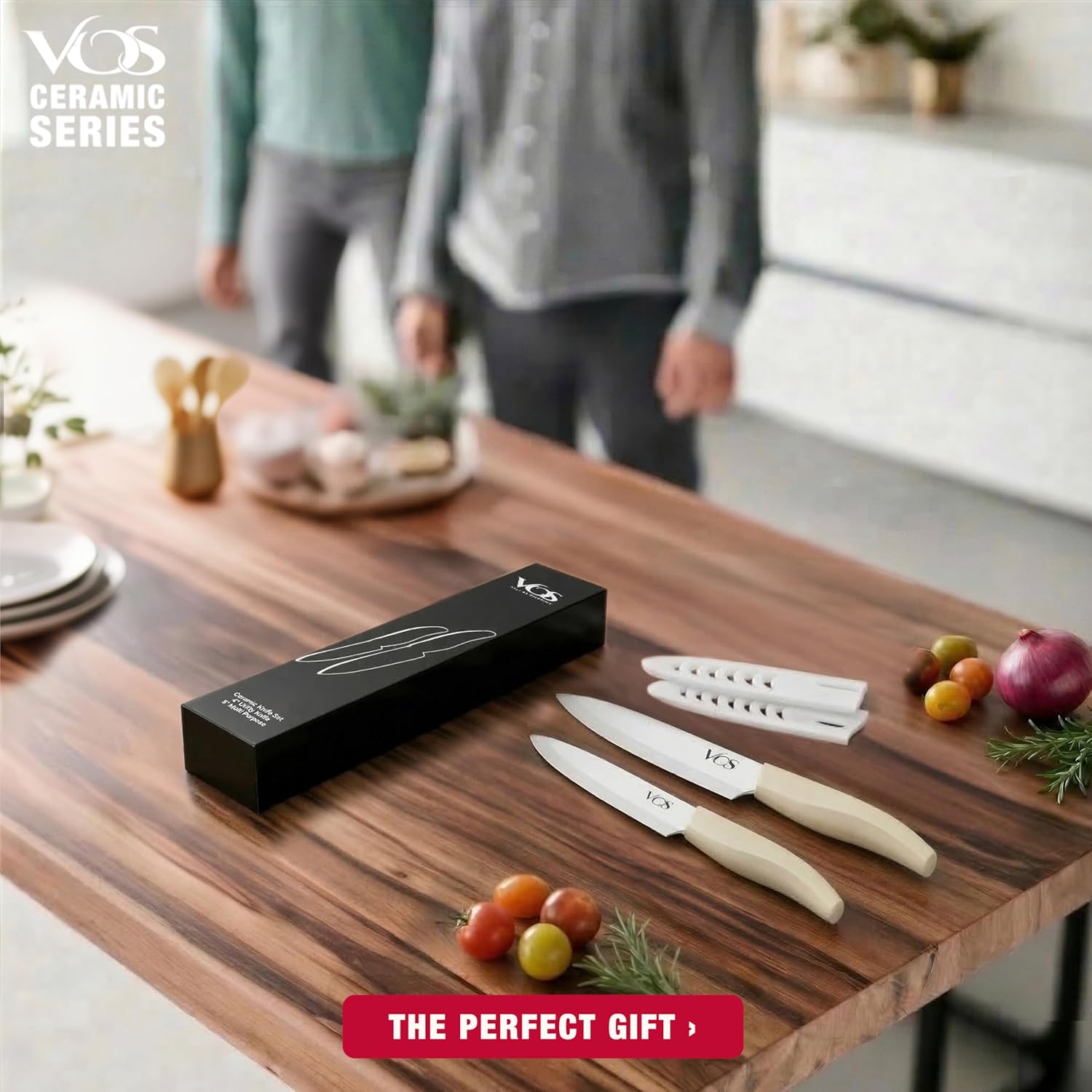 Vos ceramic knives set for kitchen in gift box, set of 2 ceramic knife with cover, 5.5" santoku & 4.5" utility for home cooks, Ultra Sharp, lightweight, rust-free, dishwasher safe (Off-white handle)