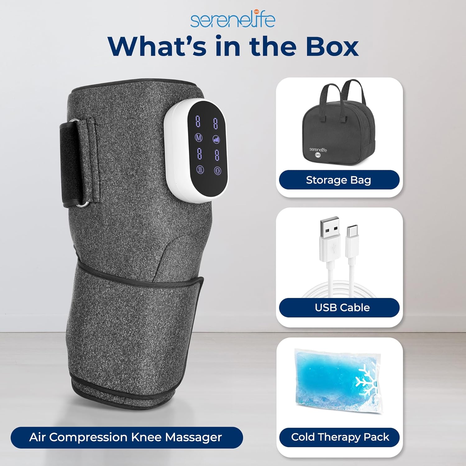 Contents of the SereneLife Knee Massager box including the massager, storage bag, USB cable, and cold therapy pack.
