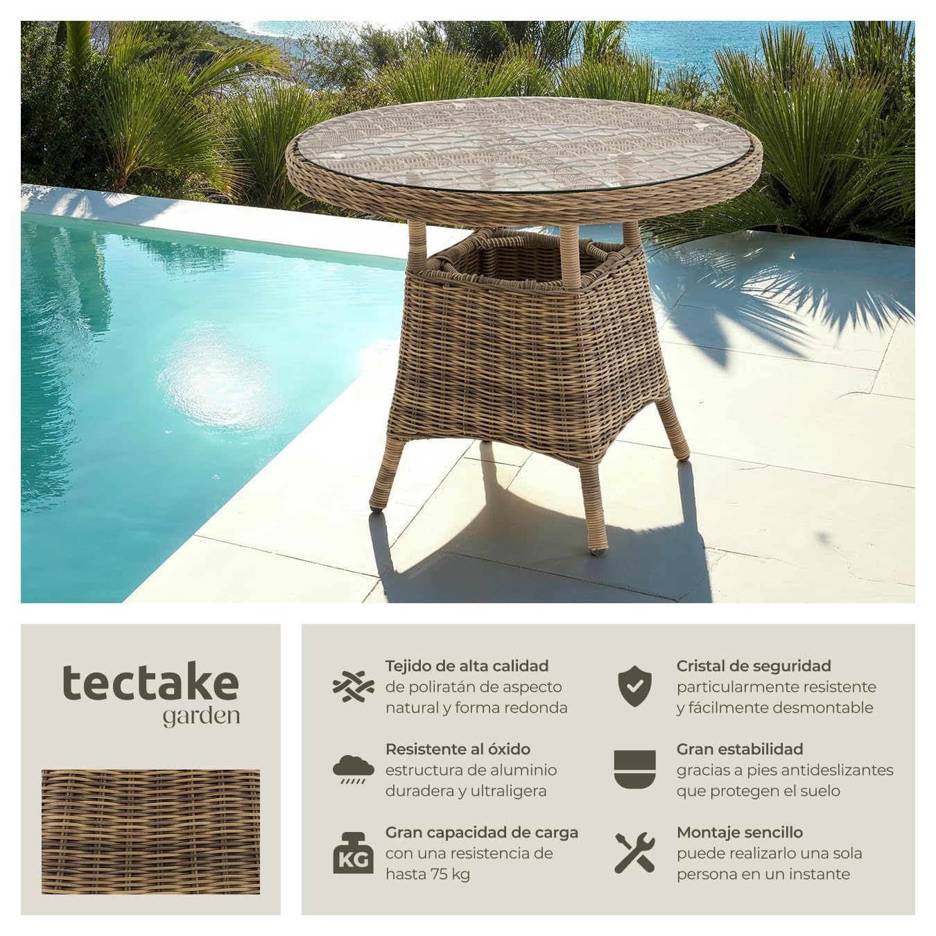 tectake® Mesa Jardín Exterior de Ratán y Aluminio Inoxidable, Mesa Terraza con Tablero Extraíble de Vidrio de Seguridad, Mueble Jardín Resistente a Intemperie, Topes en Patas, Fácil Montaje - Natural