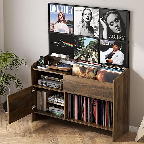 Miniatura 3 de Soporte grande para tocadiscos con almacenamiento de vinilo, armario de almacenamiento de discos con estación de carga, mesa de tocadiscos con