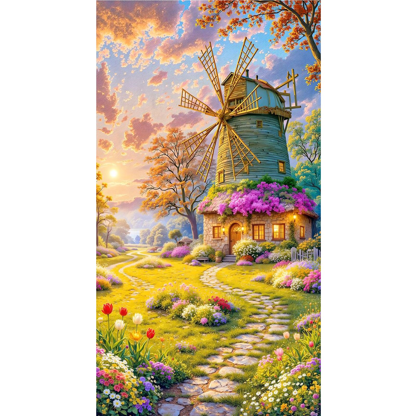POETRYDRAW Windmill 5D Round Drill Diamond Art Kit 40x70cm Large DIY Paintings for Adults & Beginners – Home Decor & Gift