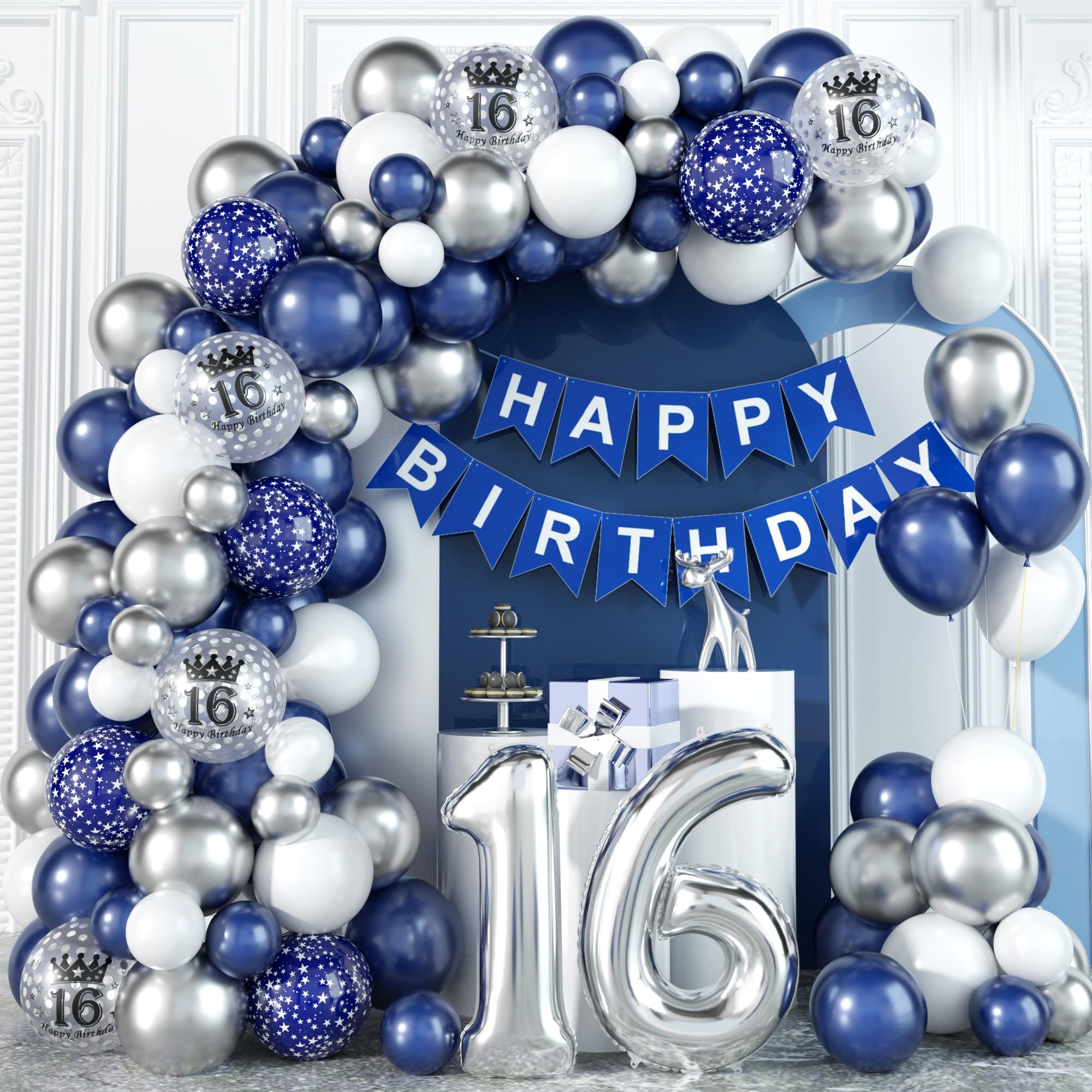 16th Birthday Decorations Blue Silver Balloons Arch Kit with Number Foil Confetti Balloon Happy Birthday Bunting Banner Navy Blue and Silver Party Decor for 16 Years Old Boy Girl Men Women Anniversary