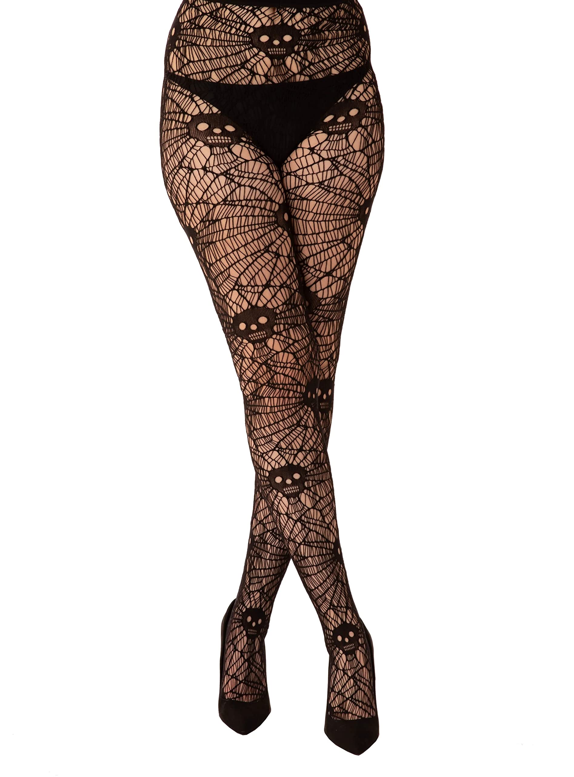 Ro Rox Women's Black Pamela Mann Skull And Web Net Tights, Uk 16-18
