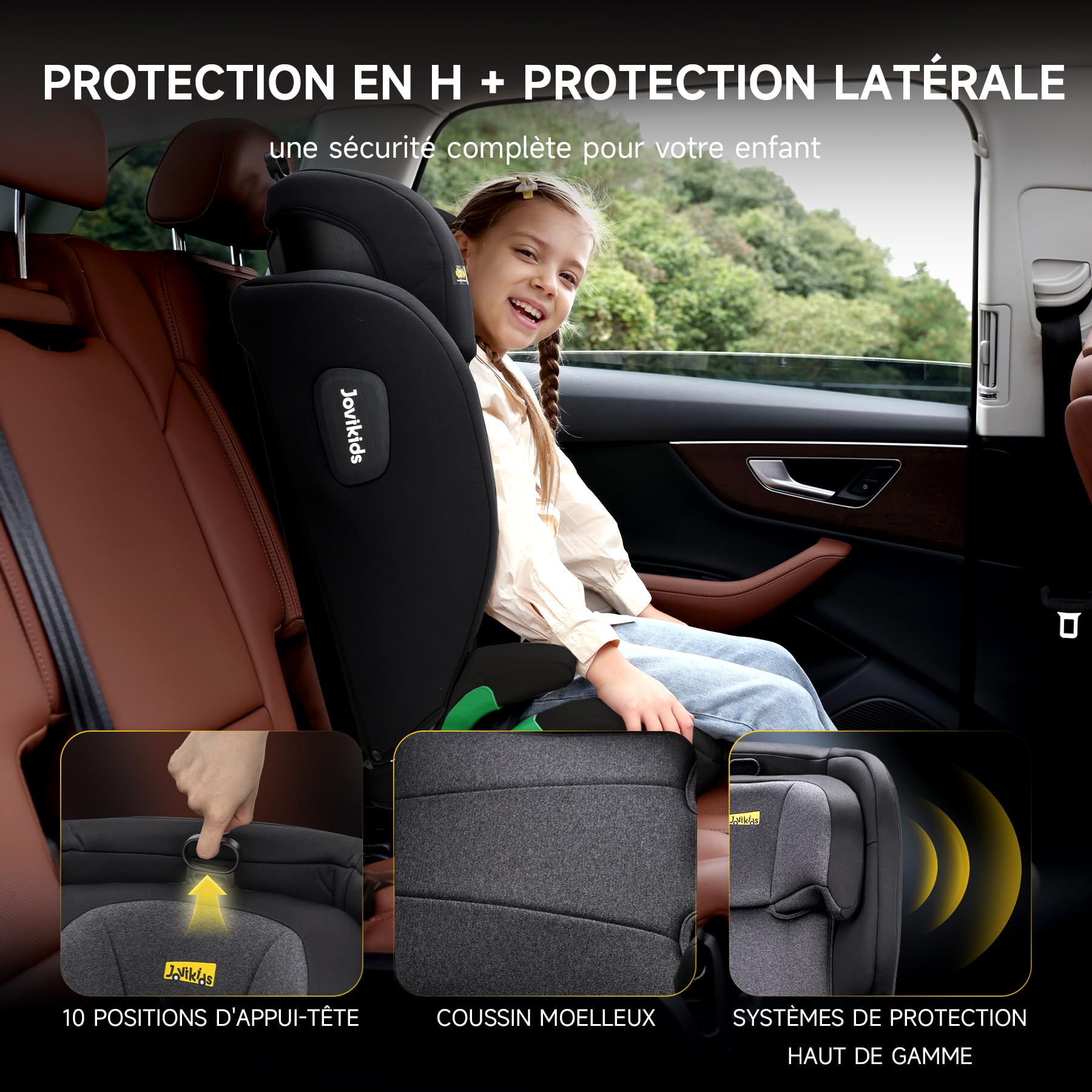 i-Size R129 Siège auto pour enfant de 3,5 à 12 ans (100-150 cm), avec dossier réglable, appuie-tête, protection contre les chocs latéraux, Rehausseur Isofix (BLACK, sans base) (Noir, Sans ISOFIX)