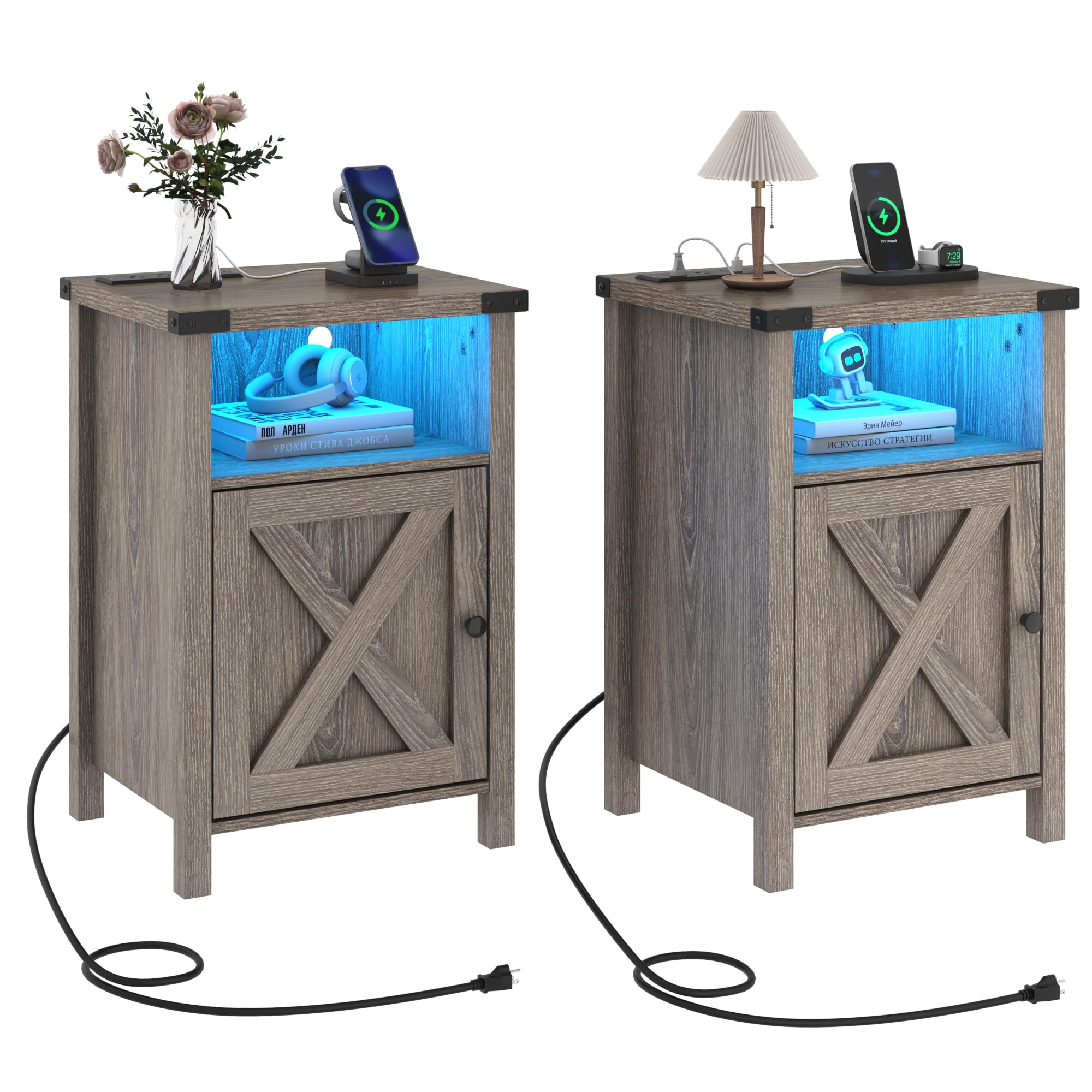 Farmhouse LED Nightstand Set of 2 with Charging Station, Rustic End Table with Barn Door & Storage Shelf, Bedside Table for Bedroom, Living Room, Grey