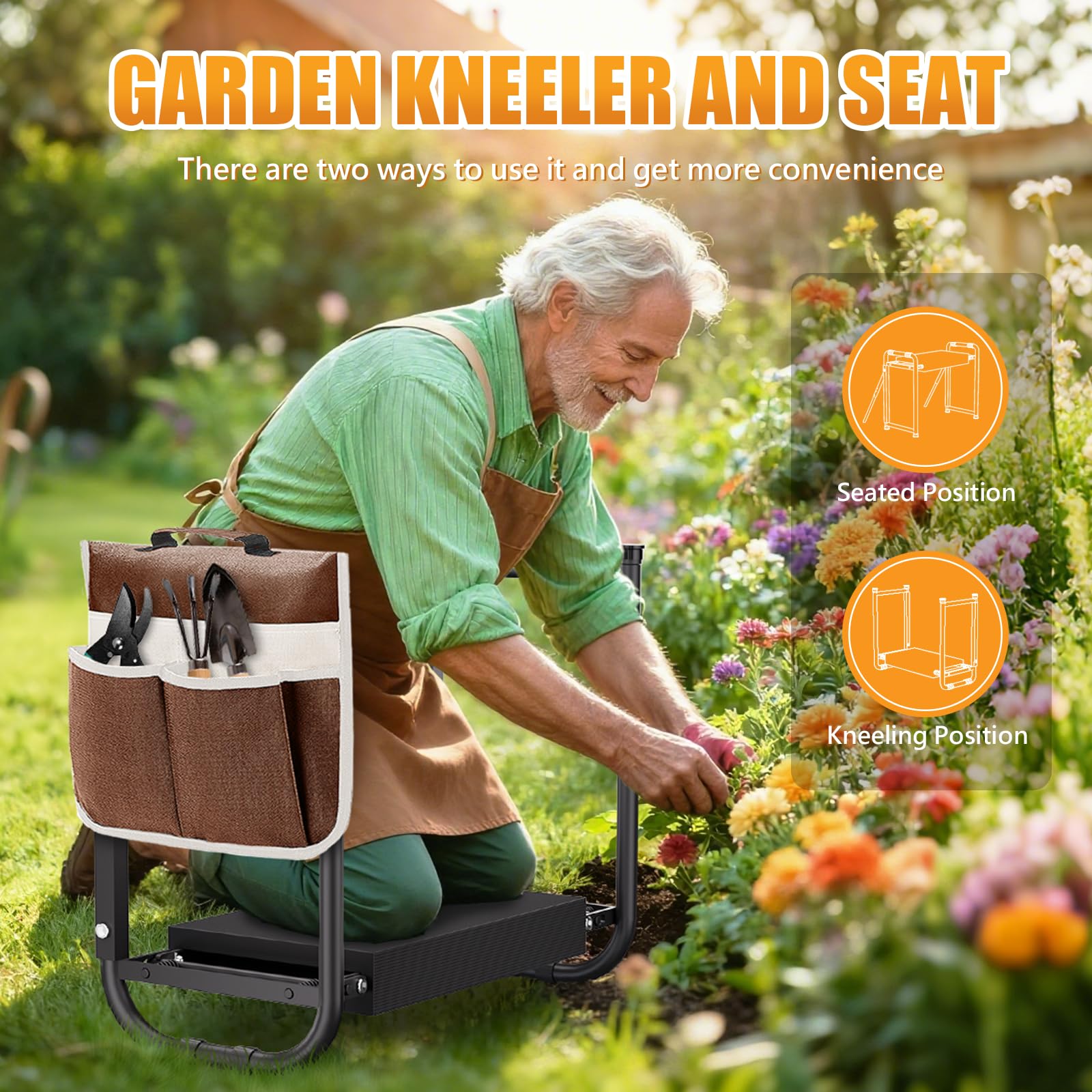 seasky Asiento de jardín y reclinable, plegable y antivuelco, almohadilla de rodillas gruesa y suave, banco de jardinería con asas con bolsa de herramientas, regalo de jardinería para personas mayores