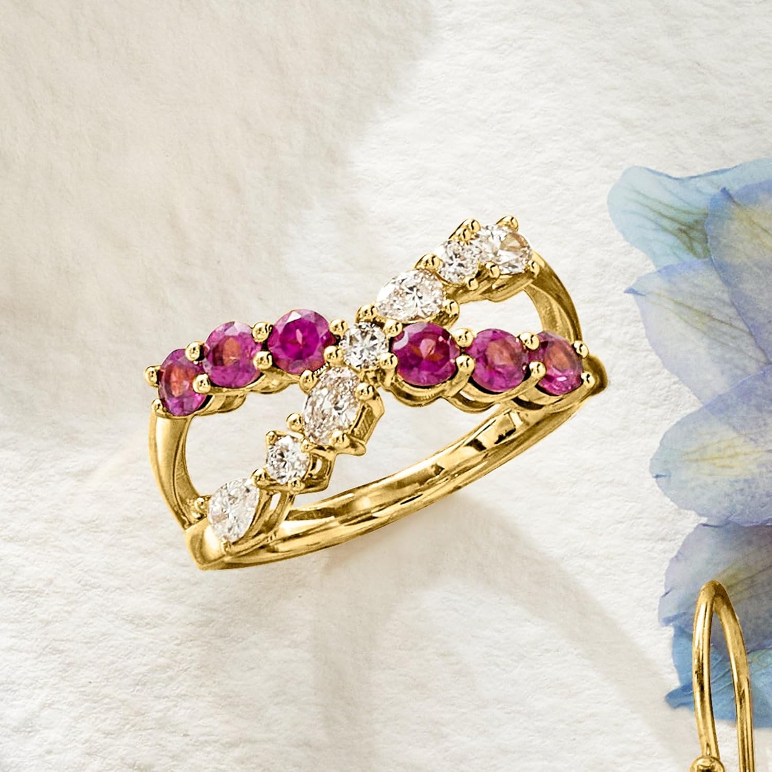 Ross-Simons 0.80 ct. t.w. Rhodolite Garnet and .51 ct. t.w. Lab-Grown Diamond Crisscross Ring in 18kt Gold Over Sterling