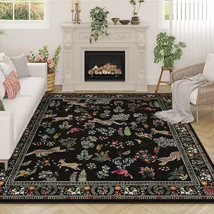 Living Room Rug 5x7 Rug Machine Washable Boho Area Rug Non Slip Floral Animal Vintage Low Pile Large Rugs for Living Room, Bedroom, Farmhouse, Dining Room, Kids Playroom (Black)
