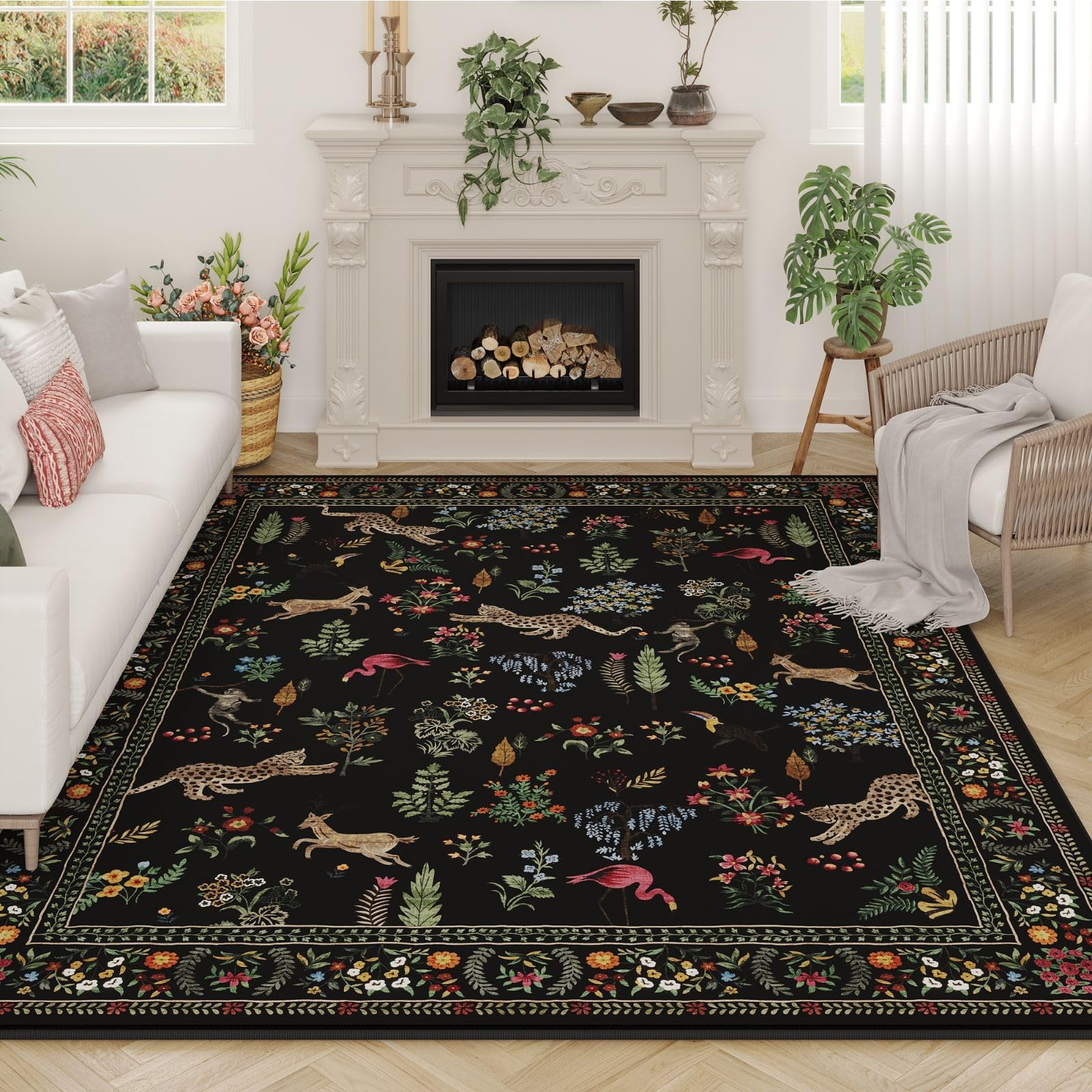 Rugcomf Living Room Rug 5x7 Rug Machine Washable Boho Area Rug Non Slip Floral Animal Vintage Low Pile Large Rugs for Living Room, Bedroom, Farmhouse,