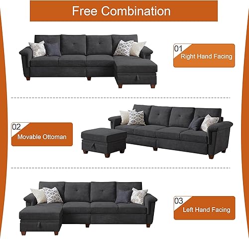 Miniatura 5 de 108" Sectional Sofa, Convertible L Shaped Sofa with Ottoman and Large Storage, 4 Seat Sectional Couch with Cup Holder, Couches for Living Room, Gris