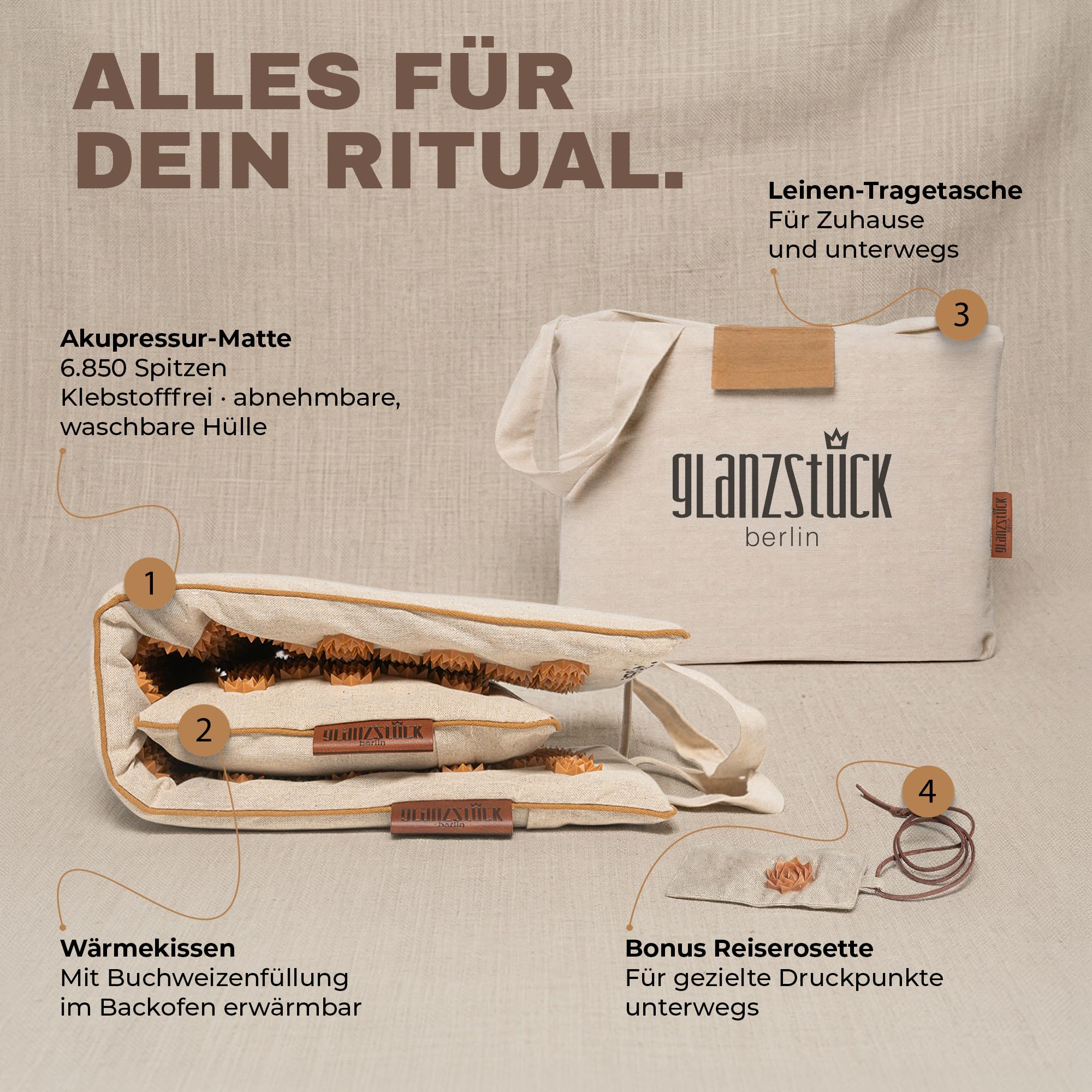 Glanzstück Berlin® Akupressurmatte XL – Set mit Kissen, Tragetasche & Reise-Rosette, 6.850 Blütenspitzen für Rücken, Nacken & Ganzkörper | 72 × 42 cm | Designed in Berlin