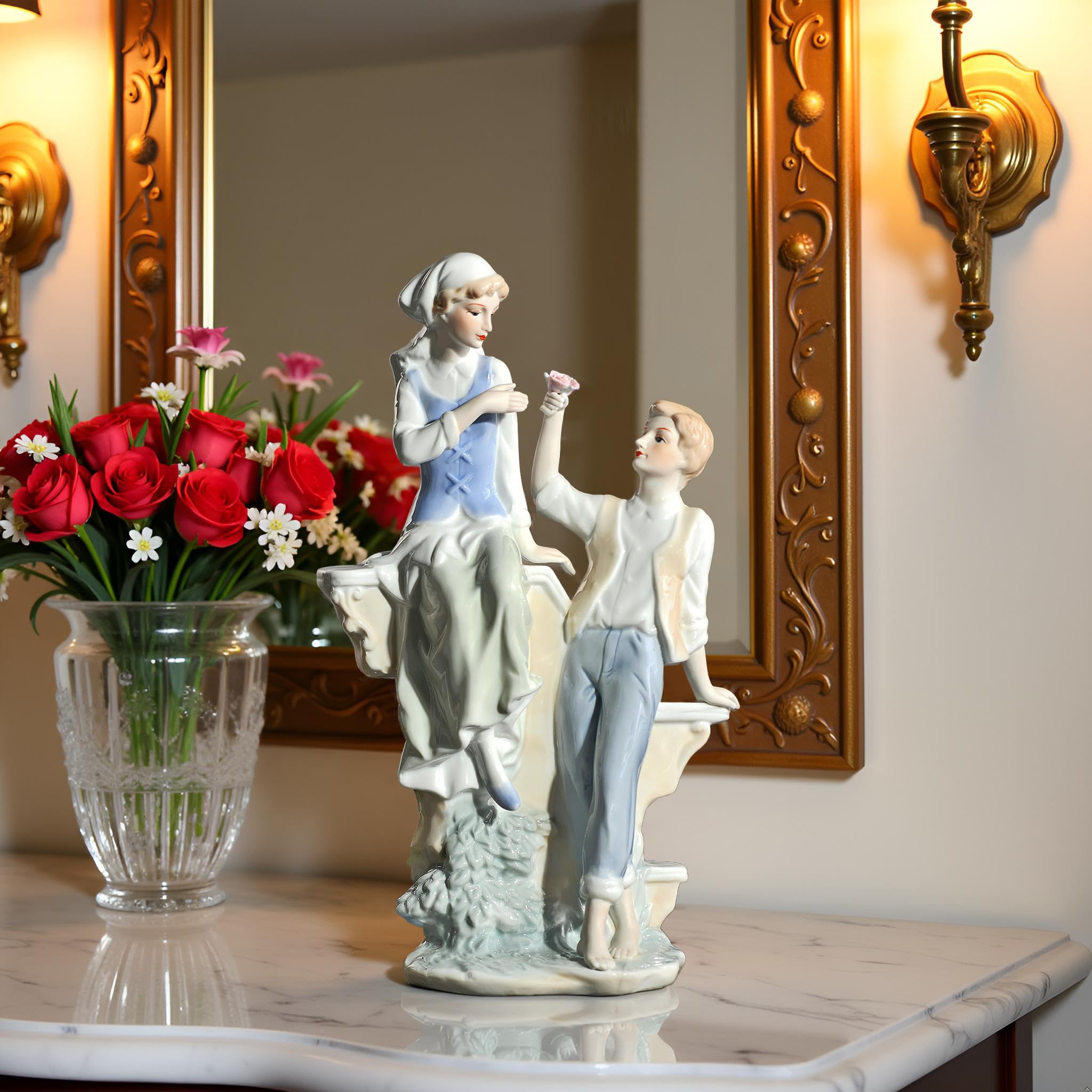 MTME Statuetta in porcellana, motivo: signora con fiori, cimeli, regali di nozze, statua decorativa per la casa (Marry me)