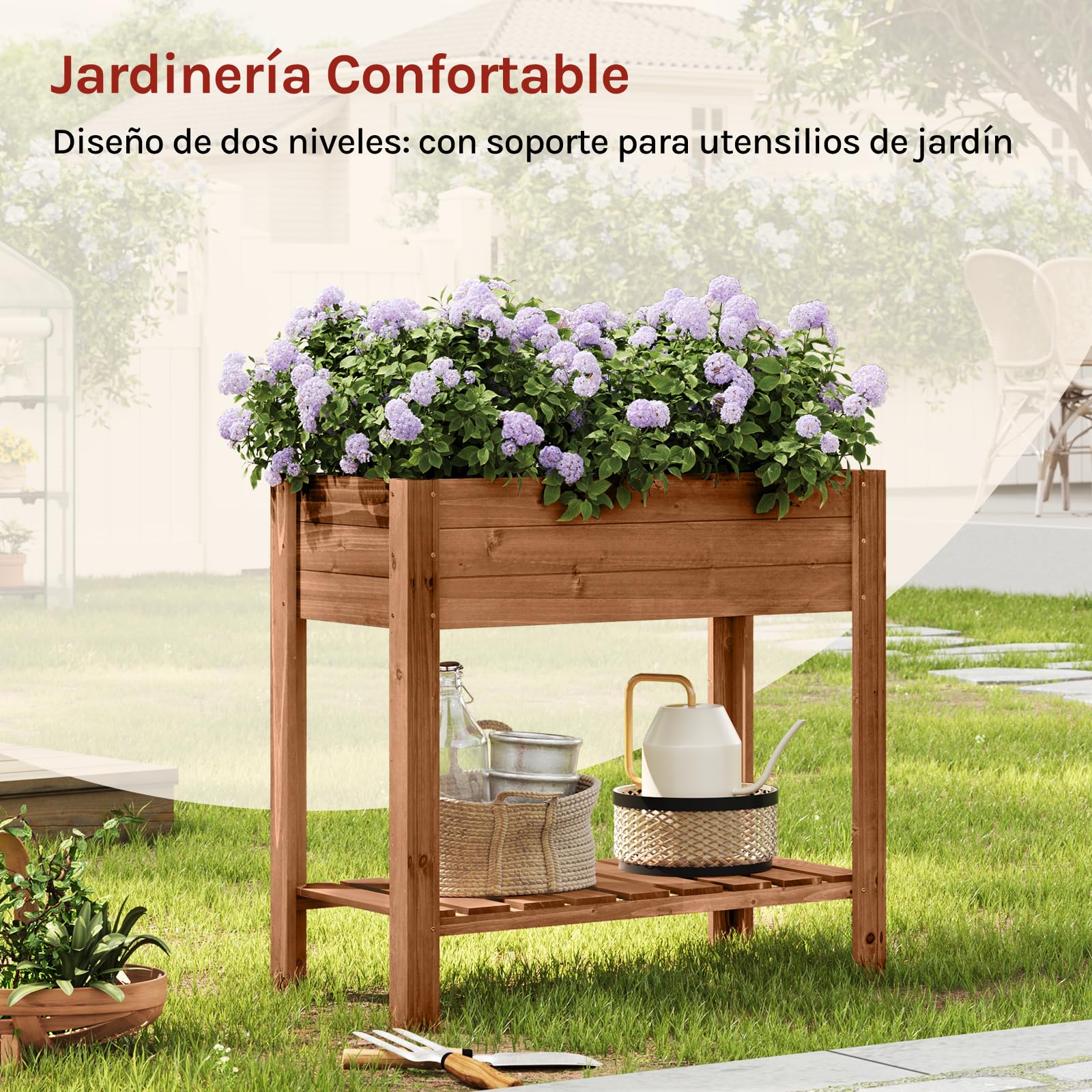 WOLTU Huerto Urbano Terraza, 80x40x75 cm, Jardinera Elevada para Exterior, Mesa de Cultivo para Jardín con Estante Inferior, Jardinera Madera para Flores y Vegetales, Marrón