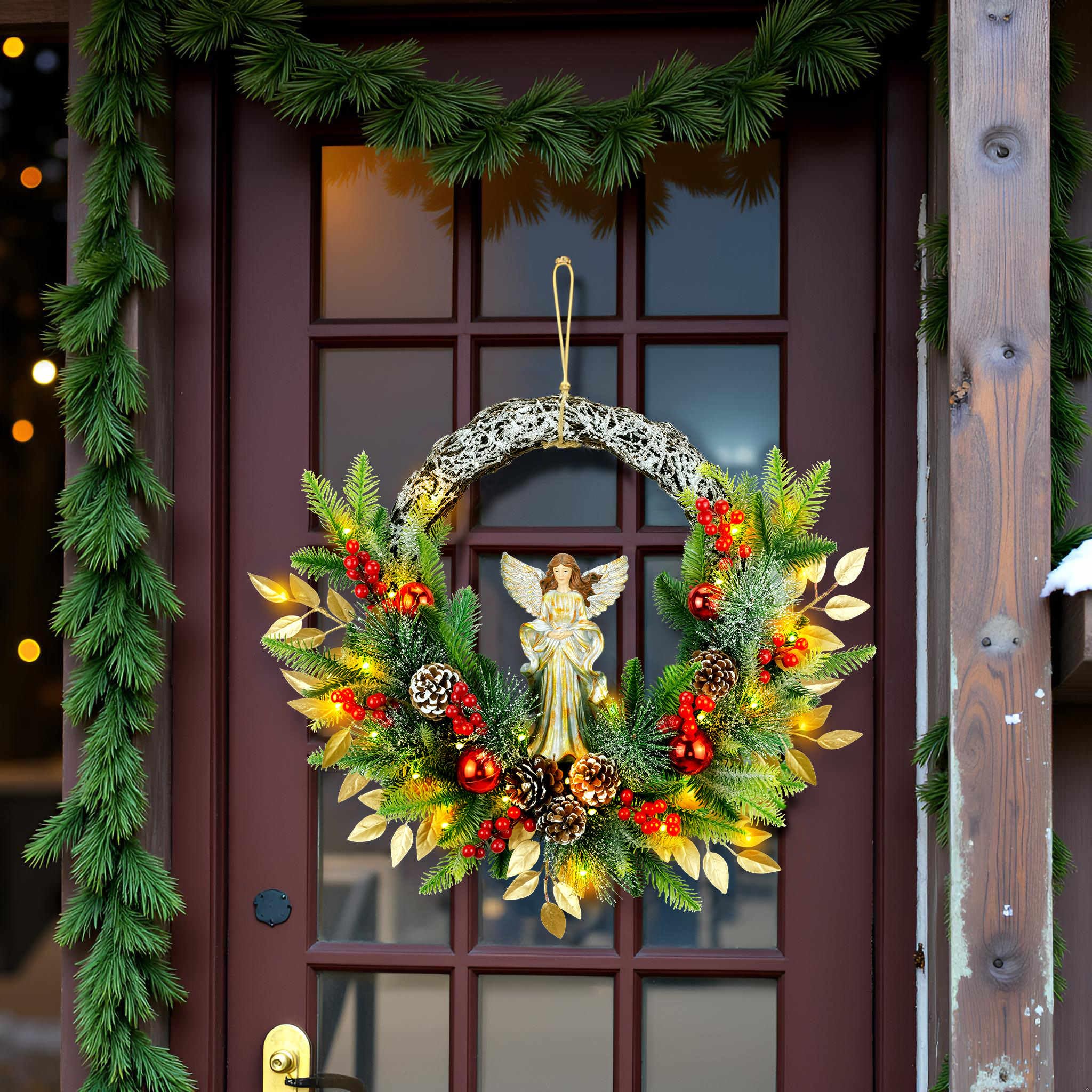 YULETIME 61 cm Engel Weihnachtskranz Künstlicher Urlaubskranz mit Harzengel Statue Natürlicher Rattanring & Tannenzapfen Goldene Blätter Rote Kugeln Fichtenzweige (Angel) (Keine Lichter)