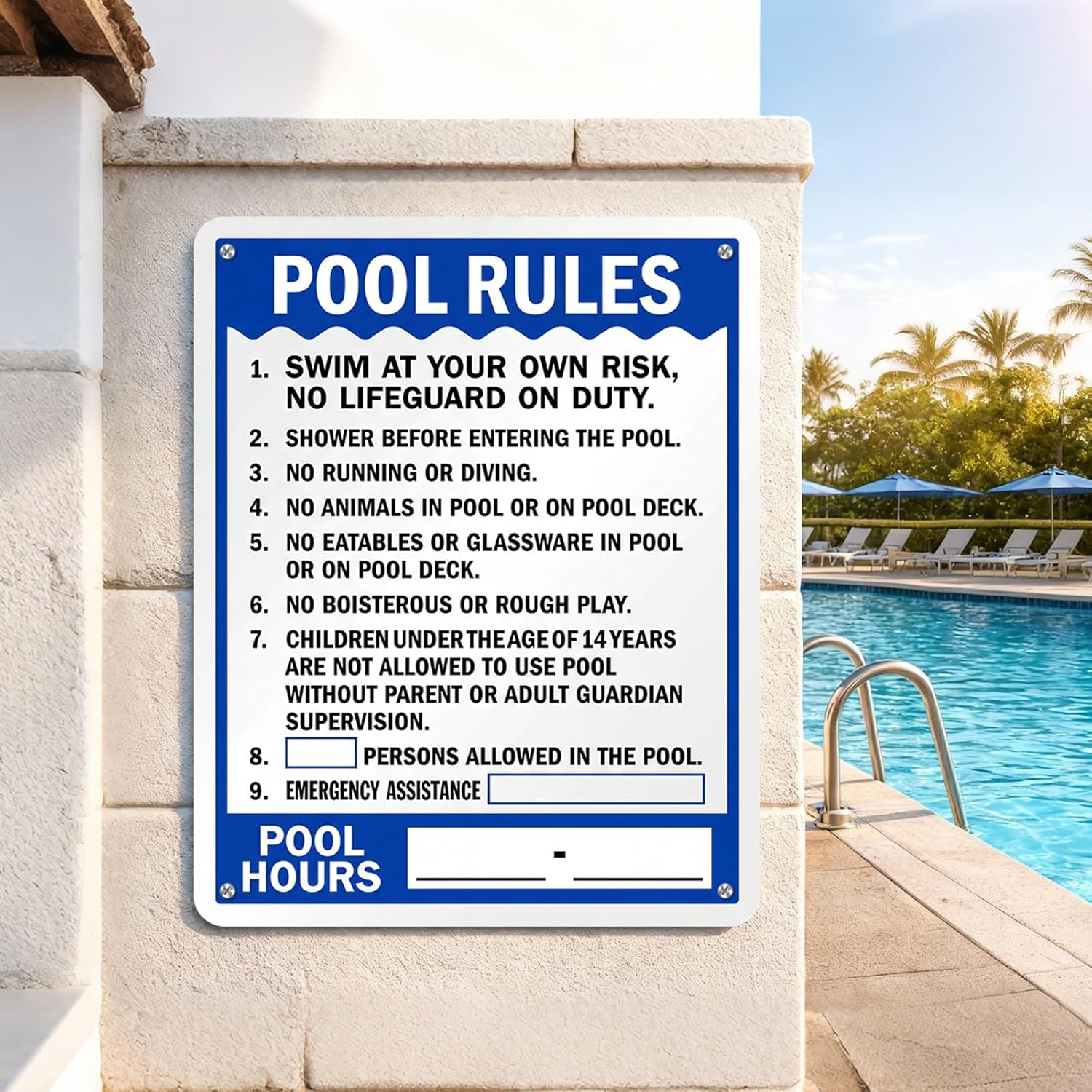30 x 24 Inch “Pool Rules - Pool Hours” Metal Sign - Laminated Aluminum Write-on Board with Pre-punched Holes for Outdoor Safety and Hours Display