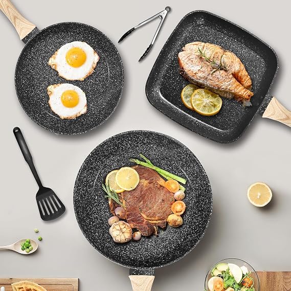 19-Piece Nonstick Cookware Set, Black Granite Induction Pots and Pans Set, Non-Toxic, Suitable for All Cookers, PFOA, PTFE, PFAS and PFOS Free